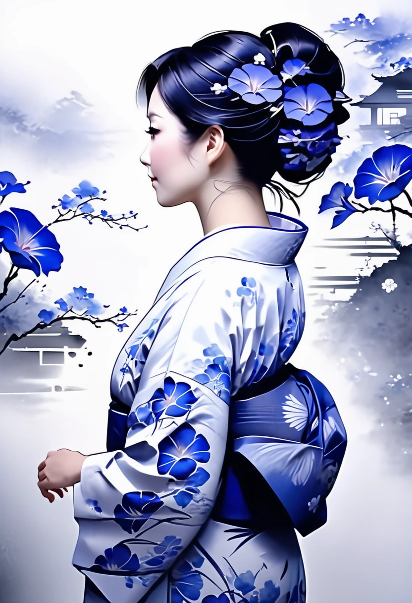 The theme is "Japanese Yukata", a mature woman wearing a yukata with blue morning glory flowers painted on the white fabric, a beautiful woman, the way she strokes her beautiful neckline with her own hand is sexy, she is looking back, she has a slightly lowered eyelid and is smiling, the upper body is drawn, the texture of the yukata is detailed, the background is dark and the portrait of the woman stands out, 8K quality