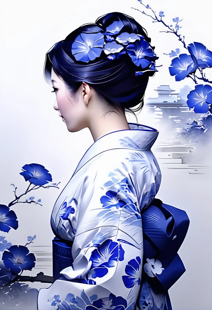 The theme is "Japanese Yukata", a mature woman wearing a yukata with blue morning glory flowers painted on the white fabric, a beautiful woman, the way she strokes her beautiful neckline with her own hand is sexy, she is looking back, she has a slightly lowered eyelid and is smiling, the upper body is drawn, the texture of the yukata is detailed, the background is dark and the portrait of the woman stands out, 8K quality