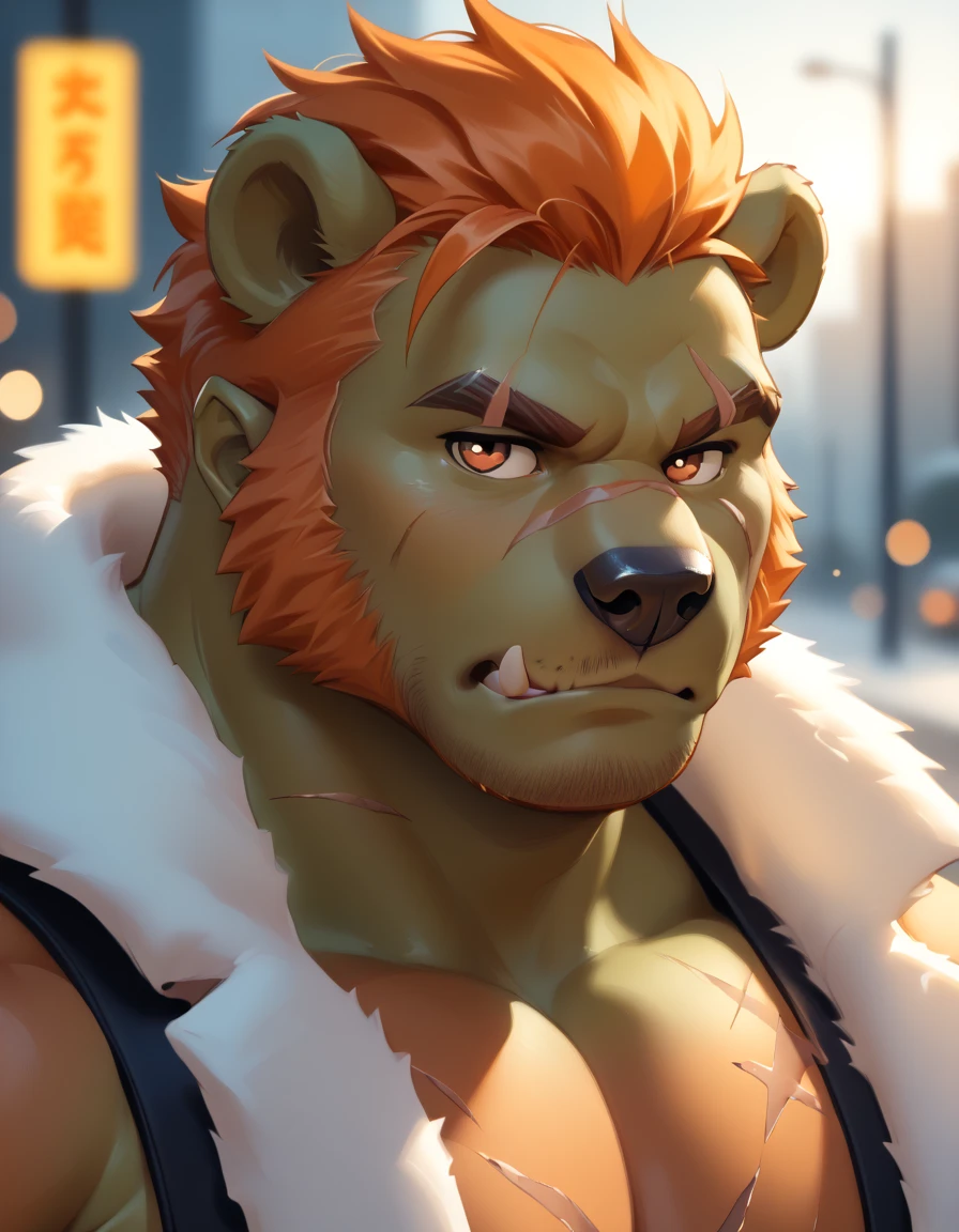 human nature, Bear Clan, male,36 years old，uncle， , ((Round Face,  full face , orange eyes , thick orange hair，Scars)), ((Endocrine,  Handsome，Hot Blood)), （ mech suit ， no electricity ，exhausted), ((Domestic bears , Bear Orc，)  furry fur,  furry), Bokeh, ( high quality ,  High Resolution, masterpiece), (Dynamic Lighting, vibrant colors), (Revitalization，harm，Cities that despise ),  full-body photo  (close up), Cartoon, author：Takemoto Arashi, From Zixiang , author：Chunni, author：Ethereal，（background：Rainforest）