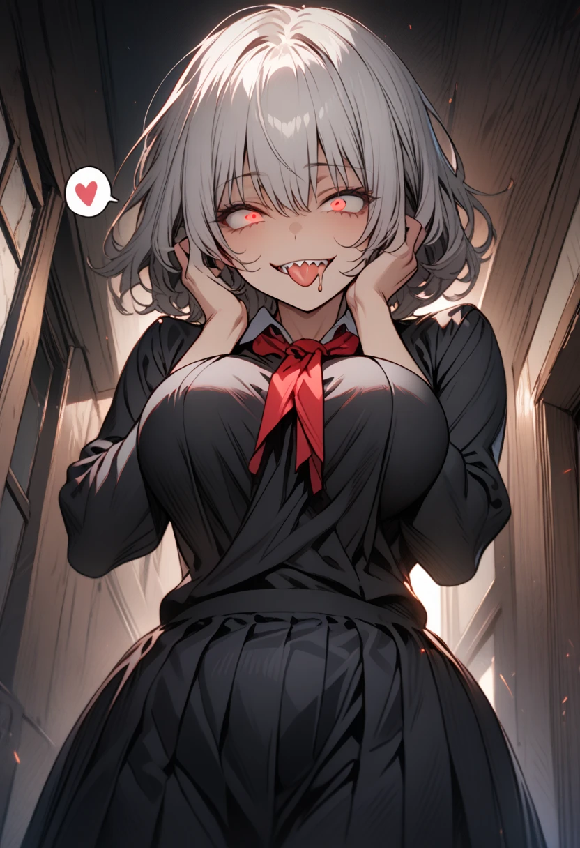 Masterpiece,best quality, (highly detailed CG illustration),very aesthetic,recent,detailed eyes,1 woman,matured female,(looking at viewer),glowing red eyes,silver short hair,(large breast:1.05),(black highschool uniform),half-closed eye,BREAK,(constricted pupils:1.25),(mad smile),(yandere smile),hands on her face,tongue out,standing,(spoken heart),(drooling:1.2),ssaliva,sharp teeth,night school,cowboy shot,from below