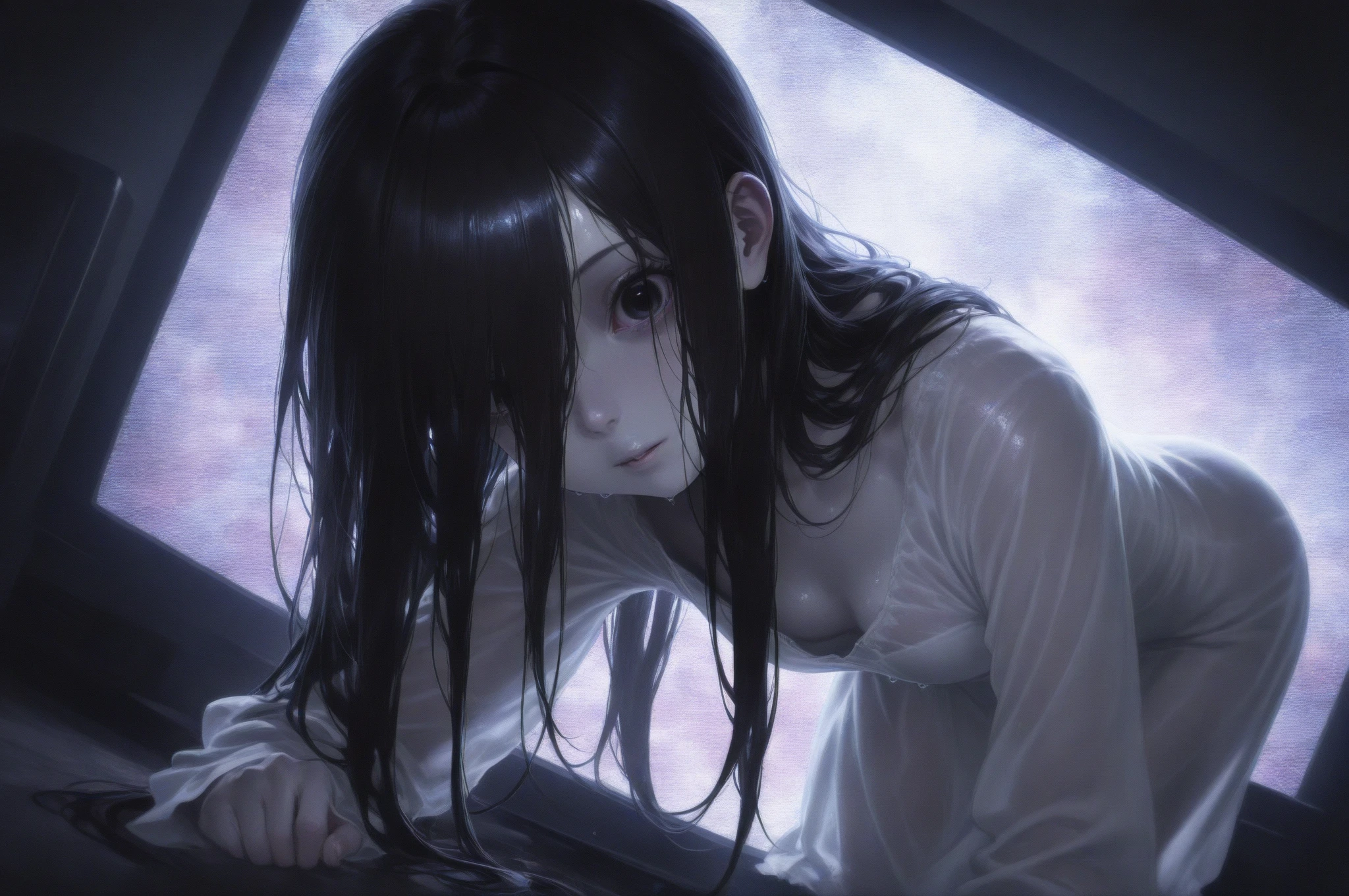 solo,sadako yamamura\(\(the onryo\),long black hair,faceless,hair over face,dirty white dress with sleeves,front face, hair over eyes, black hair, long hair, pale skin, white dress, wet clothes,cute,sexy,leaning to front,(show 1eye:1.4),looking down,pale skin,hand toward viewer,inside the TV-monitor\(noisy grain\) at the very dark room\), horror\(theme,mood\),. BREAK .quality\(8k,wallpaper of extremely detailed CG unit, high resolution, top-quality, top-quality real texture skin, hyper realistic, increase the resolution, RAW photos, best quality, highly detailed, the wallpaper, golden ratio, high saturation realism, vibrant colors, dramatic lighting, persuasive storytelling, atmospheric scenery, captivating visuals, intricate details, strong emotions, dreamlike world\),dynamic angle,dutch angle,