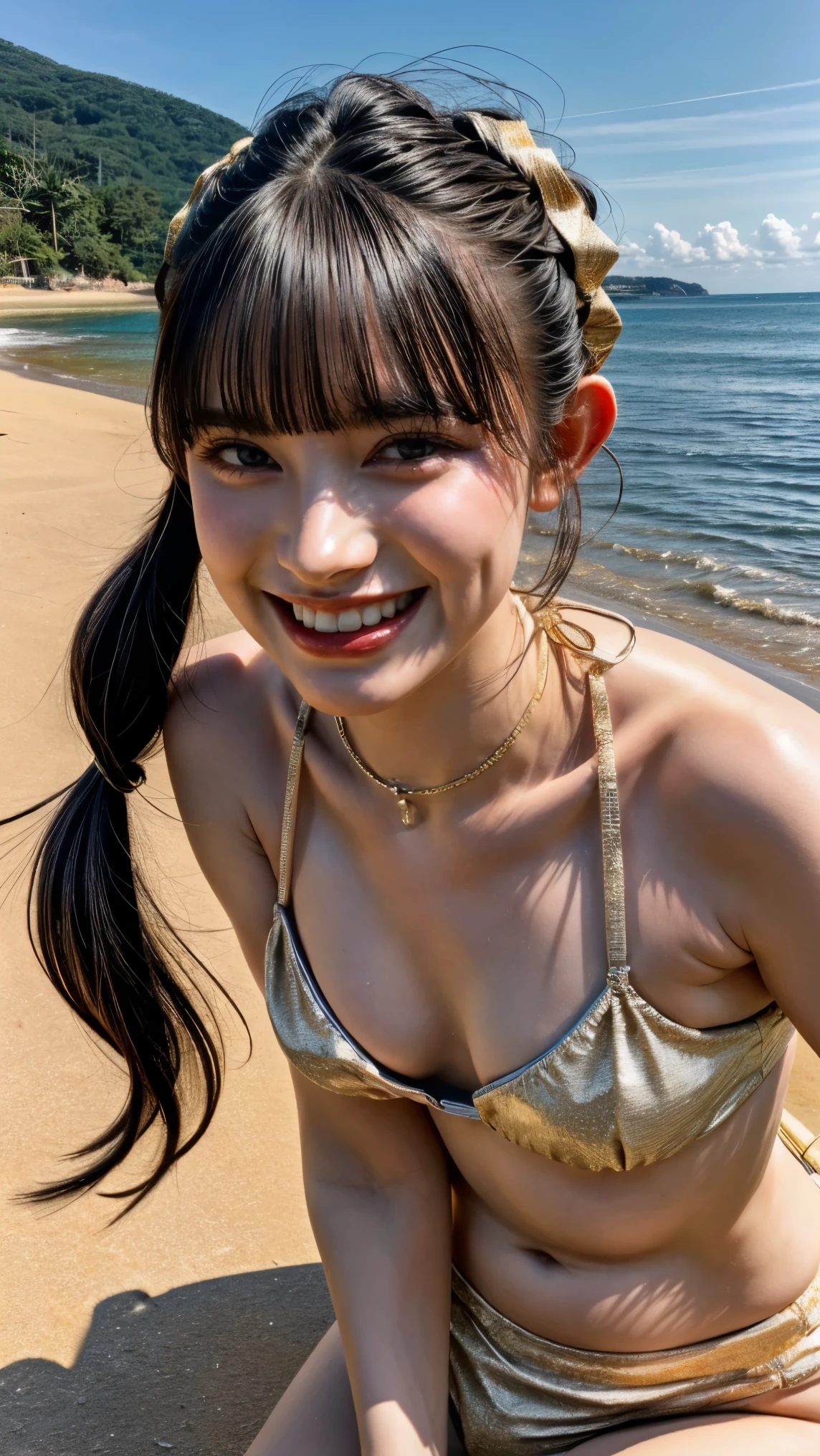 (realistic, photo-realistic:1.2), (masterpiece, best quality), high resolution photograph, extremely detailed, intricate details, sharp details, sharp focus, professional lighting, solo, 1girl, a 19 year old Japanese female idol, full body, slim body, (flat chest, glossy gold bikini:1.4), bare feet, (large mons pubis, cameltoe, groin, wedgie), (choker, jewelry), pale skin, fine-textured skin, shiny skin, sweaty, (dark hair, shiny hair, pigtails hair, straight hair, blunt bangs, hair scrunchie:1.2), (beautiful detailed face, extremely detailed eyes, beautiful detailed nose, beautiful pupils), (cheerful grin), (posing for gravure photography, dynamic pose with movement:1.2), photo background, outdoors, beach, ocean view, magic hour, sunset, evening,