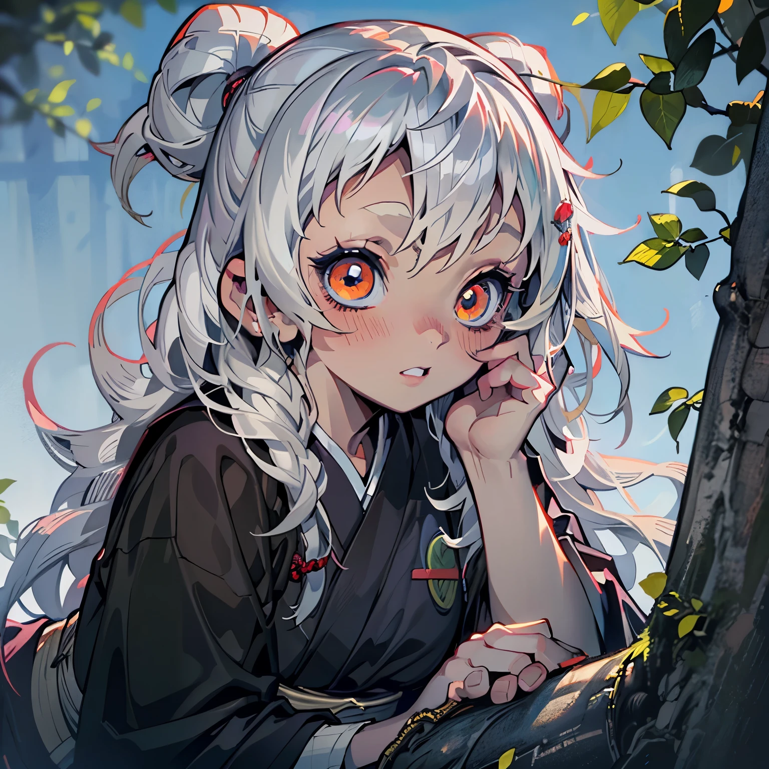 Long white hair, female, golden eyes, orangeish eyes, wearing leaf looking haori, demon slayer art style, 1girl, Solo, Long Hair, High Resolution, Black Hair, White Hair, Blush, teenager, cherubic features, thick black eyelashes, plump lips