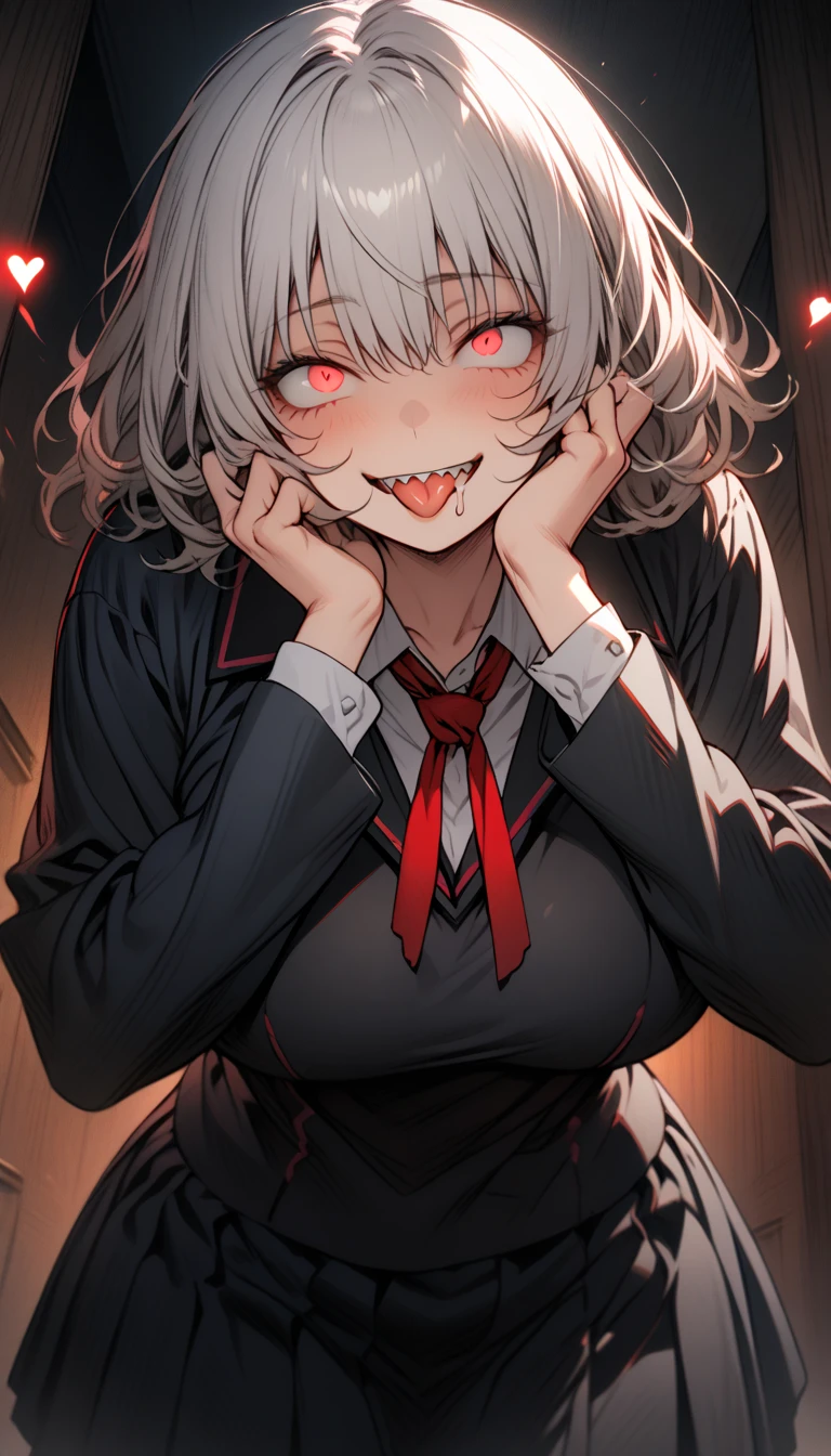 Masterpiece,best quality, (highly detailed CG illustration),very aesthetic,recent,detailed eyes,1 woman,matured female,(looking at viewer),glowing red eyes,silver short hair,(large breast:1.05),(black highschool uniform),half-closed eye,BREAK,(constricted pupils:1.25),(mad smile),(yandere smile),hands on her face,tongue out,standing,(spoken heart),(drooling:1.2),ssaliva,sharp teeth,night school,cowboy shot,from below