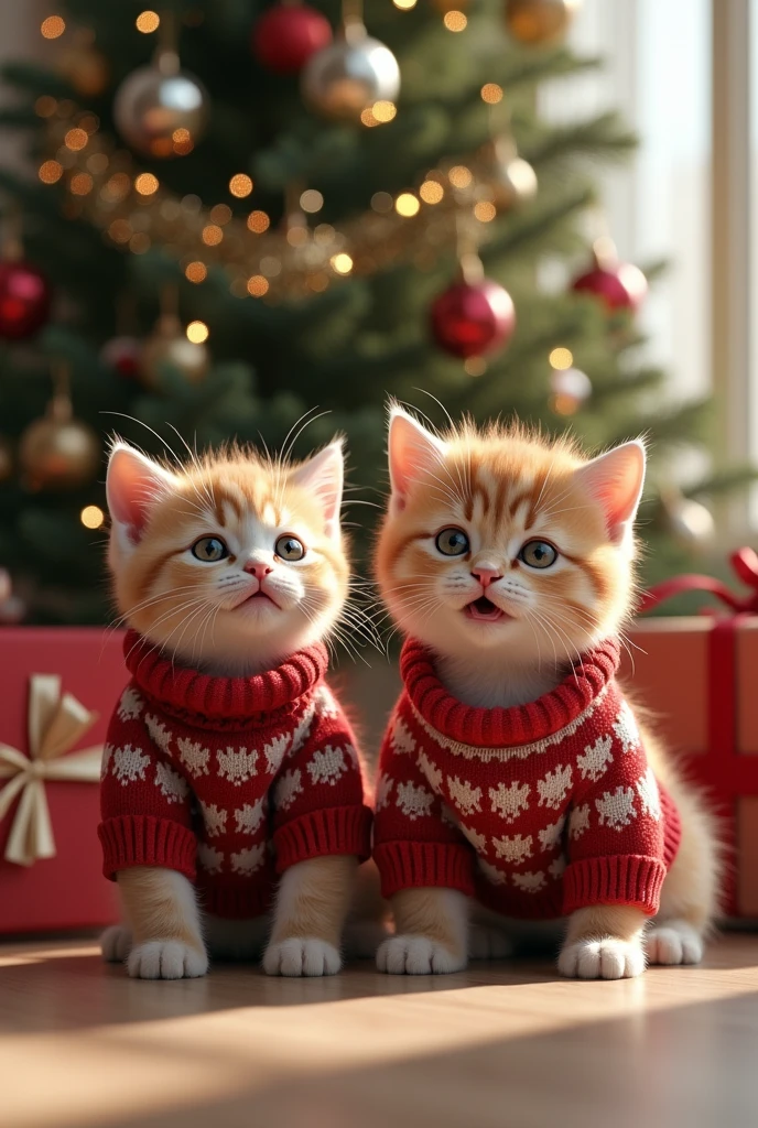 ((masterpiece, highest quality, Highest image quality, High resolution, photorealistic, Raw photo, Extremely detailed CG unified 8k wallpaper)), Kittens in sweaters are pleading with the camera, and at the top of the screen is a large “Does Santa Claus exist?” and in the background, a Christmas tree decorated with ornaments and a box of presents,