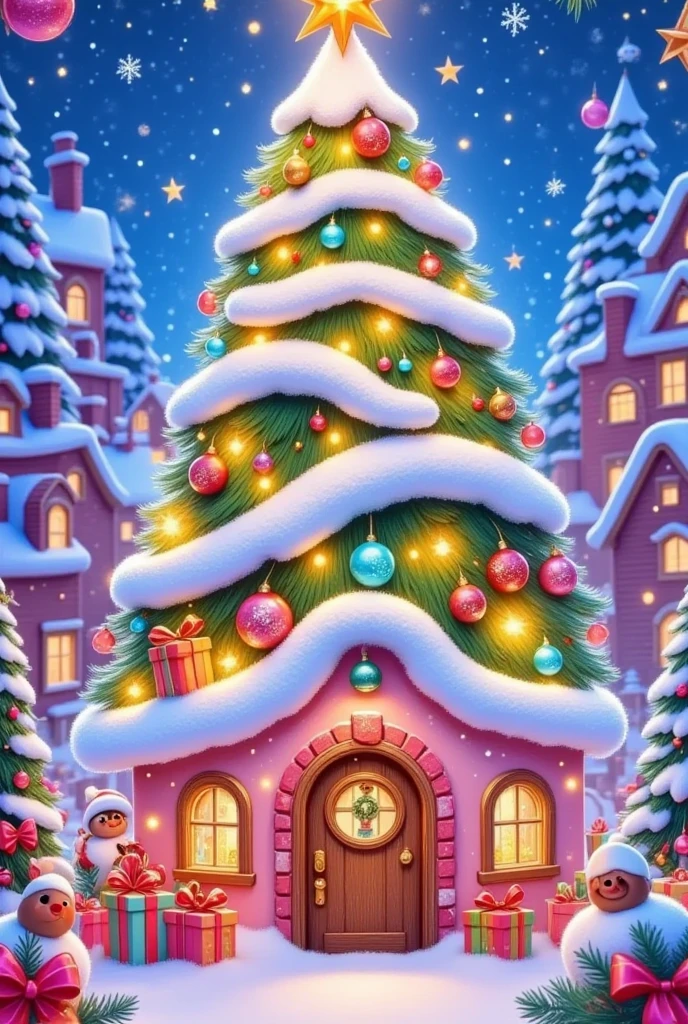 "  an enchanting house in the style of Disney and Pixar ,  presents a dreamy Christmas tree .  decorated with delicate ornaments ,  resembles a soft pink sphere ,  blue, gold and mint green ,  combined with soft twinkling lights . The main door ,  made of carved wood ,  surrounded by garlands in pastel hues ,  small round windows emit a warm and charming glow .  tree branches form an undulating roof ,  decorated with ribbons and a golden star with a charming glow on top .  the surrounding scenery includes a snow garden covered with soft snowflakes ,  there are also magical details such as the twilight sky and small happy characters decorating the space."