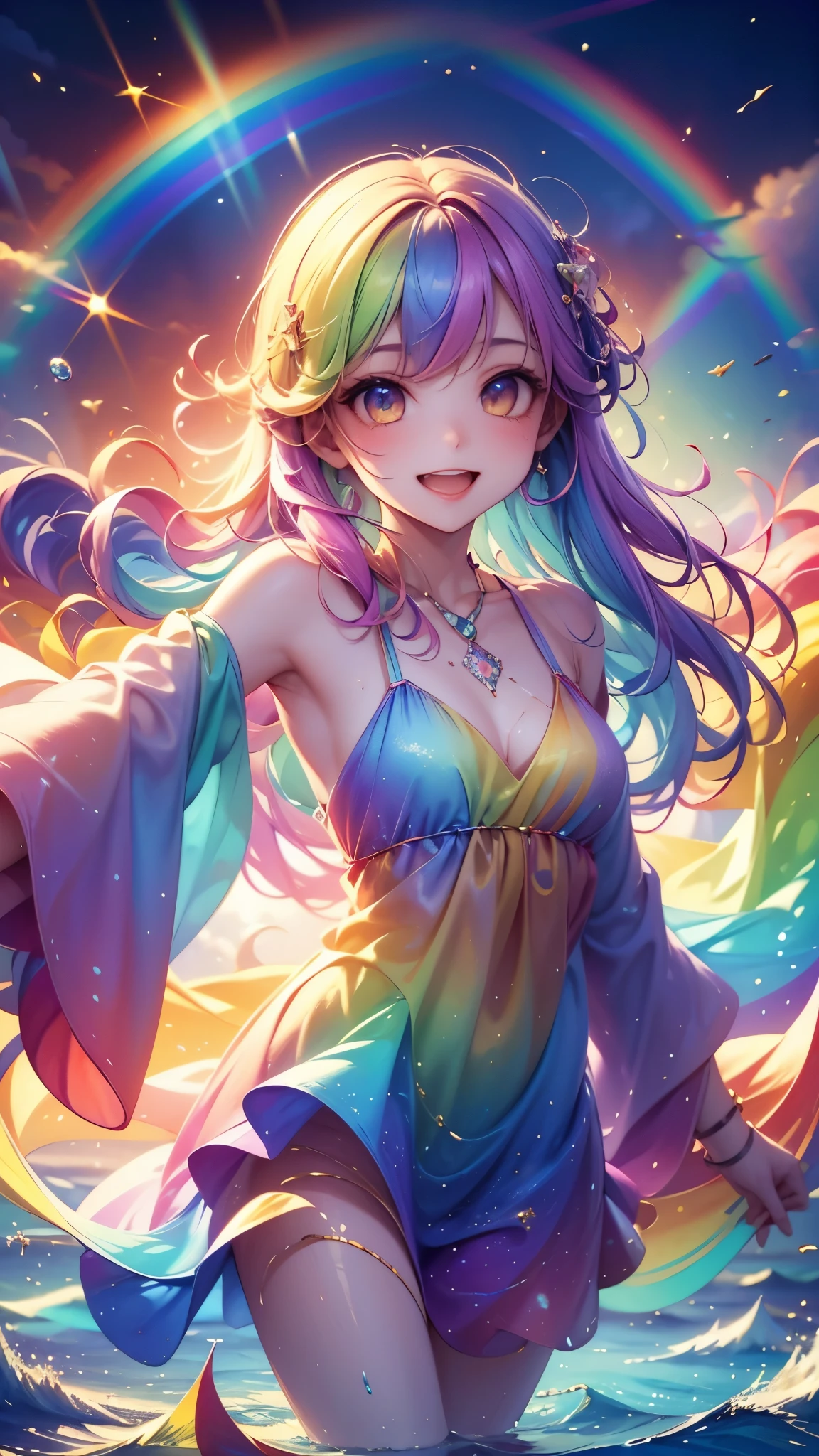 (masterpiece, top quality,  top quality , watercolor ( skindent),  Official Art ,  beautiful、And aesthetic : 1.2), ( 1 girl: 1.3), ( fractal art: 1.3), , Good , smile,  sunny day, Cheerful,  look viewer, pattern,  wave, (Rainbow Hair,  colorful  Hair: 1.2), null, gas, cloud,  colorful ,   soap bubbles ,fantasy,手をフレーム外へ,胸, 