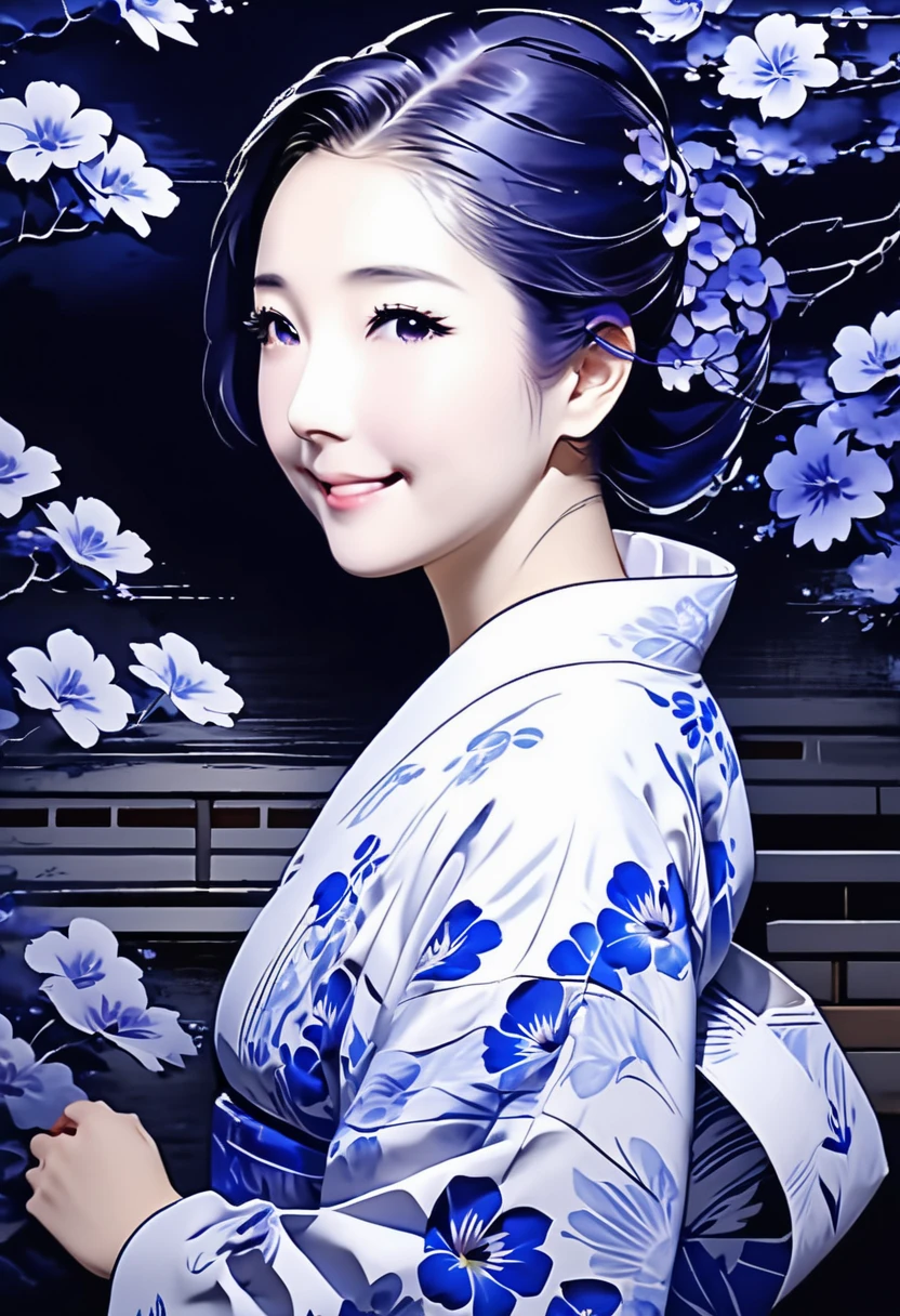 The theme is "Japanese Yukata", a mature woman wearing a yukata with blue morning glory flowers painted on the white fabric, a beautiful woman, the way she strokes her beautiful neckline with her own hand is sexy, she is looking back, she has a slightly lowered eyelid and is smiling, the upper body is drawn, the texture of the yukata is detailed, the background is dark and the portrait of the woman stands out, 8K quality