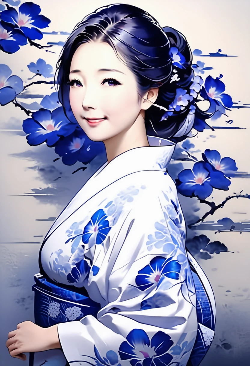 The theme is "Japanese Yukata", a mature woman wearing a yukata with blue morning glory flowers painted on the white fabric, a beautiful woman, the way she strokes her beautiful neckline with her own hand is sexy, she is looking back, she has a slightly lowered eyelid and is smiling, the upper body is drawn, the texture of the yukata is detailed, the background is dark and the portrait of the woman stands out, 8K quality