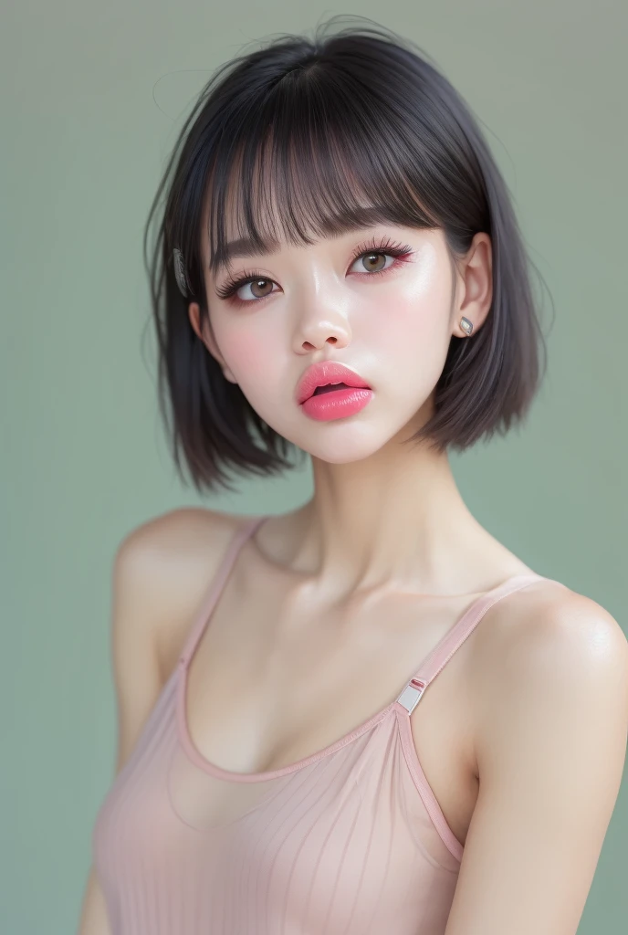 (( that sticks to my tongue is extremely realistic)), (   super real),    produces a very realistic image  ,   White Backdrop  ,,-yeld fee,  black short bob hair  ,   The forehead is hidden by the bangs  ,  blue eyes,Long False Eyelashes,  Thick lips,  clear eyeliner  、 Open the center of your lips、 very detailed lips, Big Mouth , full,   plump,  glossy lip balm  ,   glossy lips  、Pale pink lips ,   transparent lip gloss  ,  Can you see cute bra tank tops  