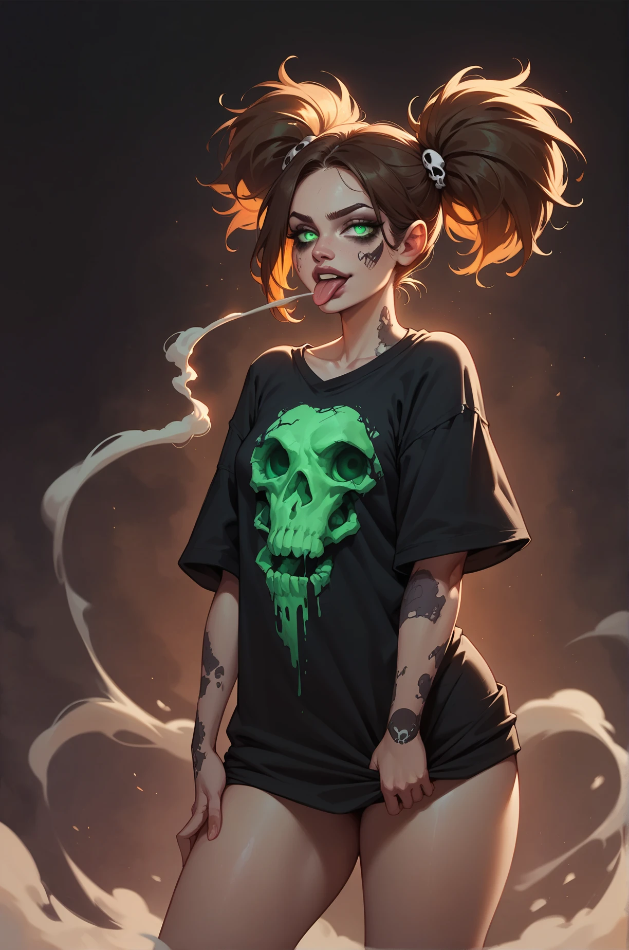 score_9, score_8_up, score_7_up, cartoon of a girl, solo, sexy, slutty, green eyes, smoke eyes, brown hair, straight hair, black oversized tshirt, small breast, thighs, sticking out her tongue, standing, skull, glowing green, dark background, grunge background