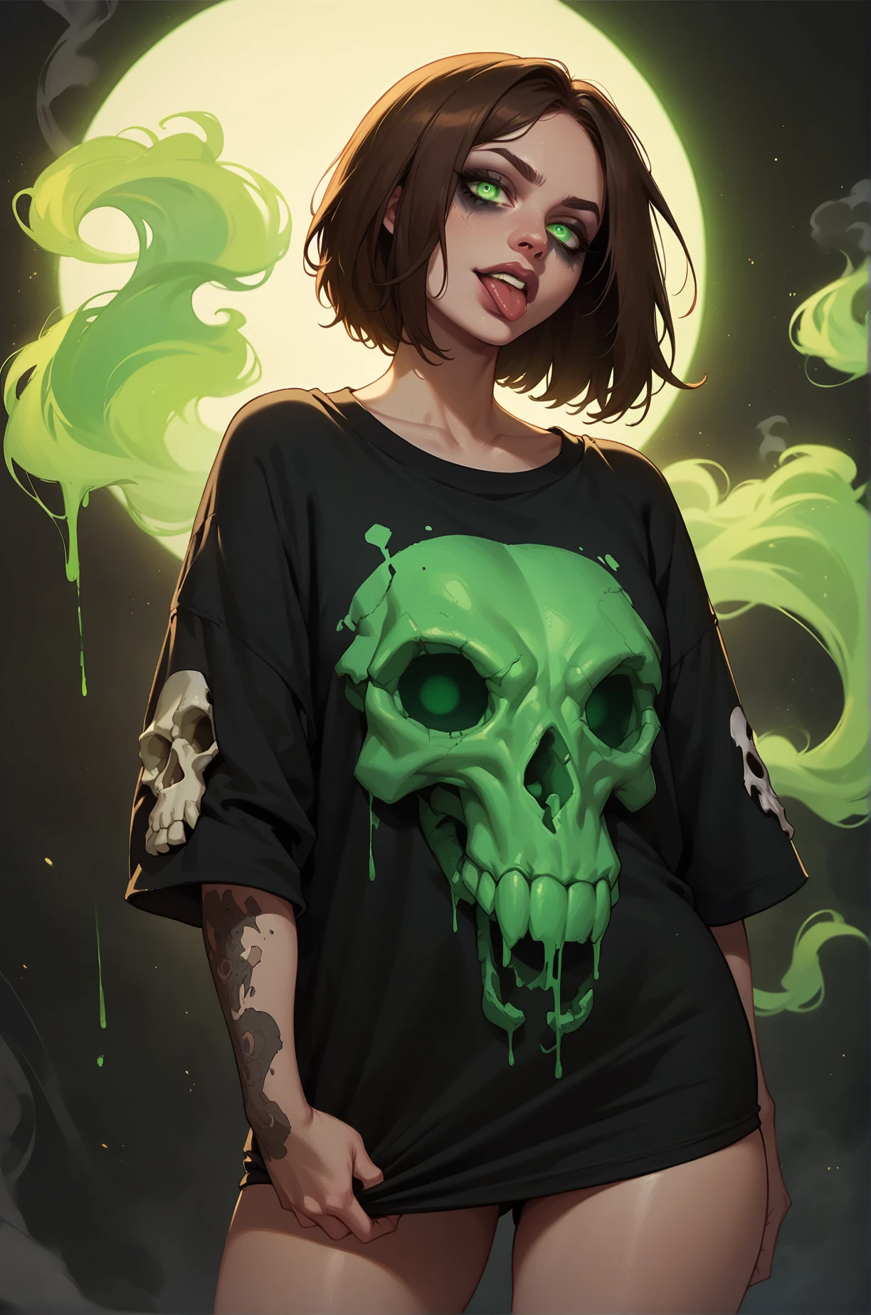 score_9, score_8_up, score_7_up, cartoon of a girl, solo, sexy, slutty, green eyes, smoke eyes, brown hair, straight hair, black oversized tshirt, small breast, thighs, sticking out her tongue, standing, skull, glowing green, dark background, grunge background