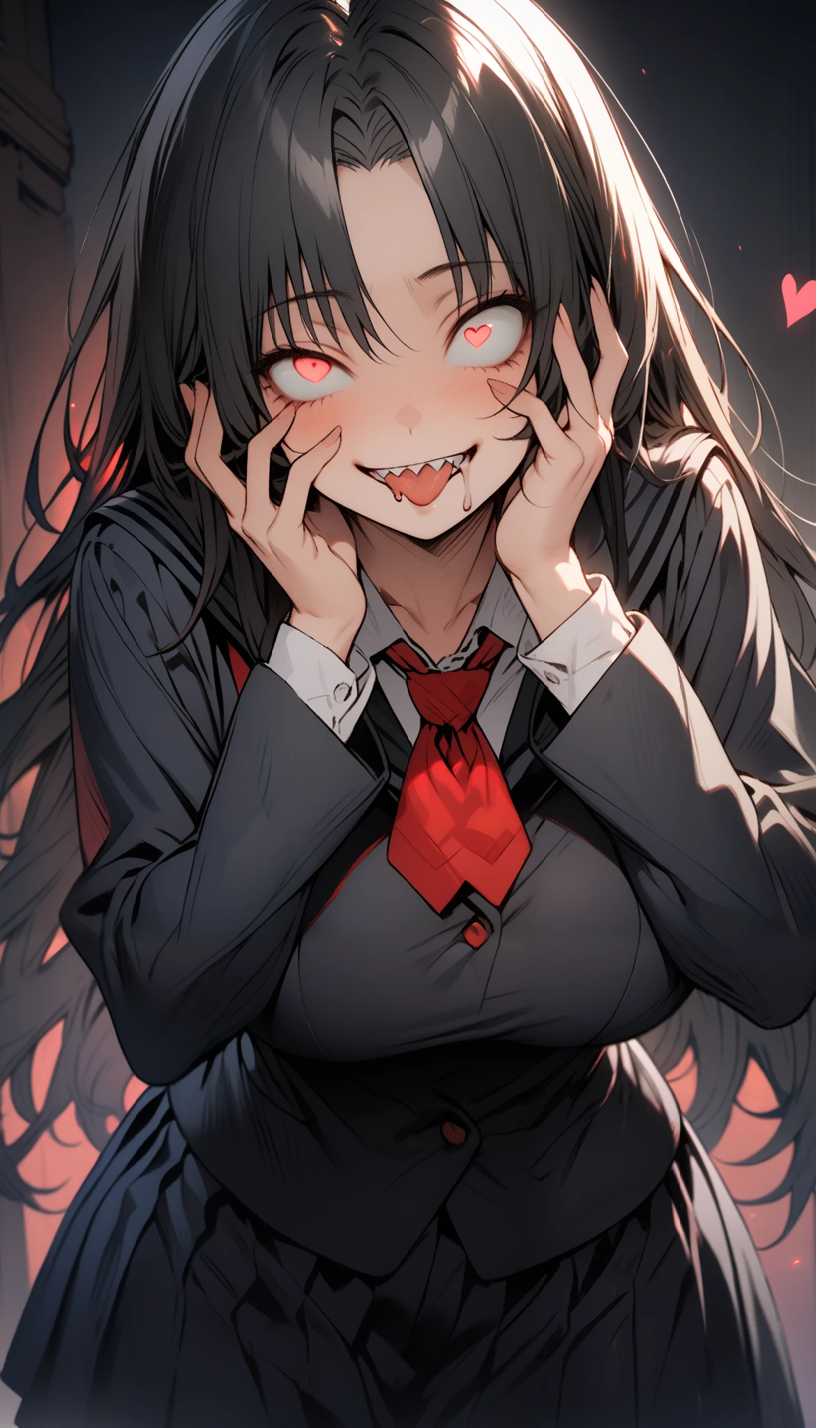 Masterpiece,best quality, (highly detailed CG illustration),very aesthetic,recent,detailed eyes,1 woman,matured female,(looking at viewer),glowing red eyes,black hair,straight long hair,(large breast:1.05),(black highschool uniform),half-closed eye,BREAK,(constricted pupils:1.35),(mad smile),(yandere smile),hands on her face,tongue out,standing,(heart),(drooling:1.2),ssaliva,sharp teeth,night school,cowboy shot,from below