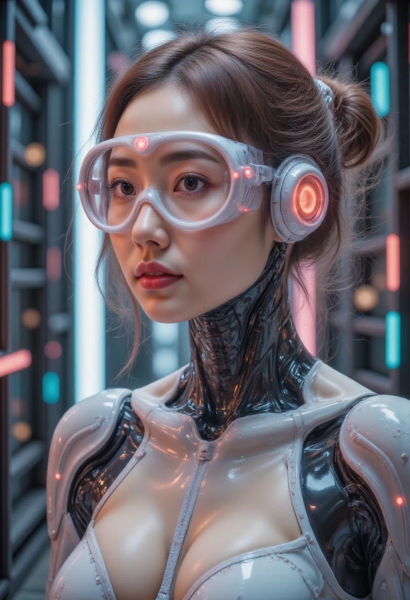     t wearing cybernetic goggles to express the beautiful appearance of artificial intelligence on various topics,     background is matrix coding    ,    戴着控制论护目镜的   ,  little pop art   .   It feels like a    