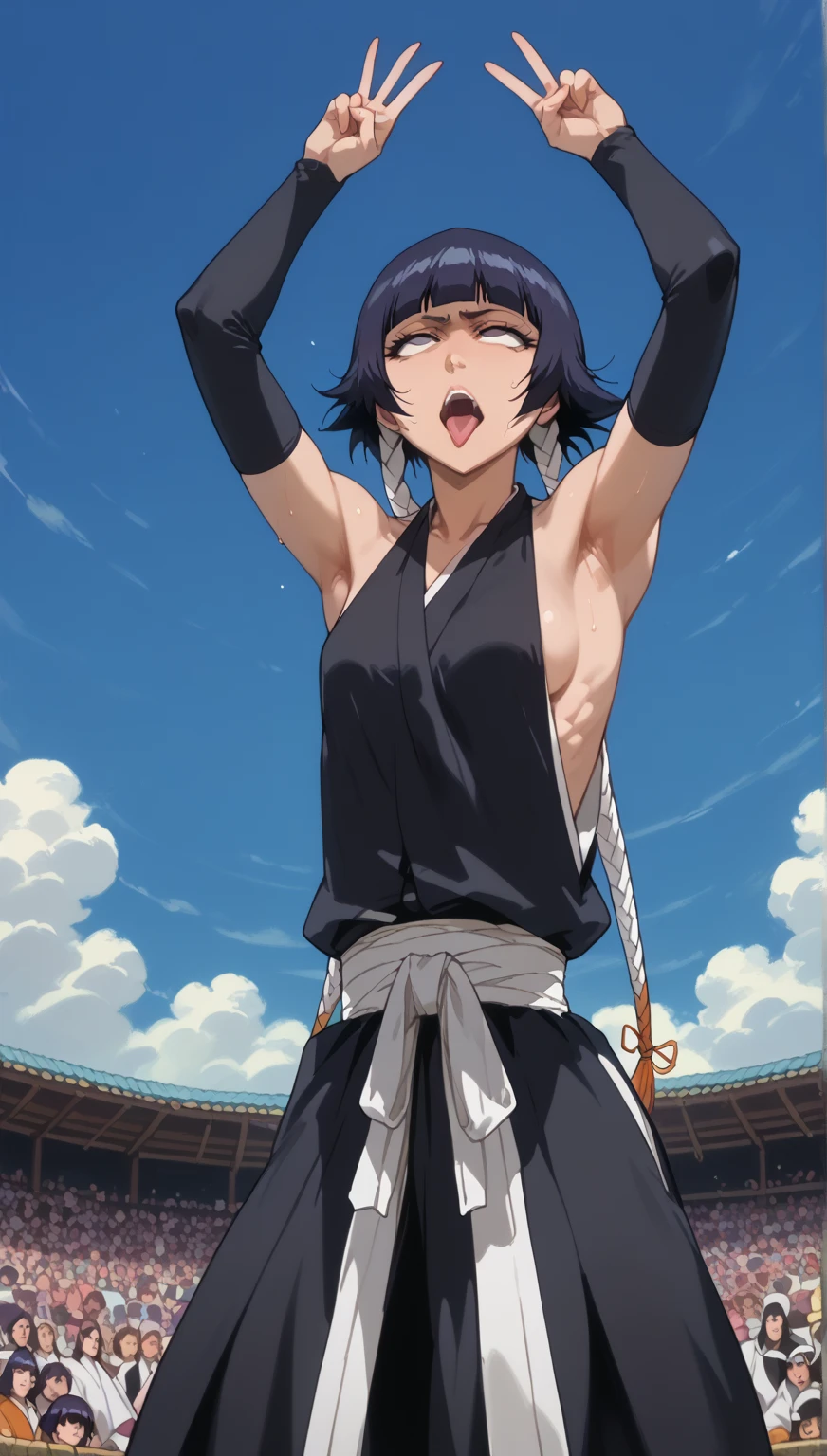 whole body、、     sweated、   、close-up、、、Soi Fon、 、Bleach、Bleach、Black Hair, 1girl, breasts, soifon, japanese clothes, sideboob, hip vent, detached sleeves, bare shoulders, small breasts, arms up,seductive eyes, sexy body,  open mouth, more sweat, Rolling eyes, white eyeballs,For the audience, Looking at the audience, tired, From below, (muscle :1.2) , kneeling, (small breasts) . 