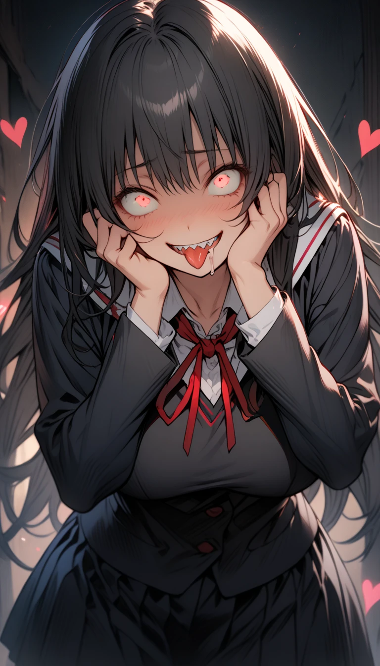 Masterpiece,best quality, (highly detailed CG illustration),very aesthetic,recent,detailed eyes,1 woman,matured female,(looking at viewer),glowing red eyes,black hair,straight long hair,(large breast:1.05),(black highschool uniform),half-closed eye,BREAK,(constricted pupils:1.35),(mad smile),(yandere smile),hands on her face,tongue out,standing,(5 hearts),(drooling:1.2),saliva,sharp teeth,night school,cowboy shot,from below