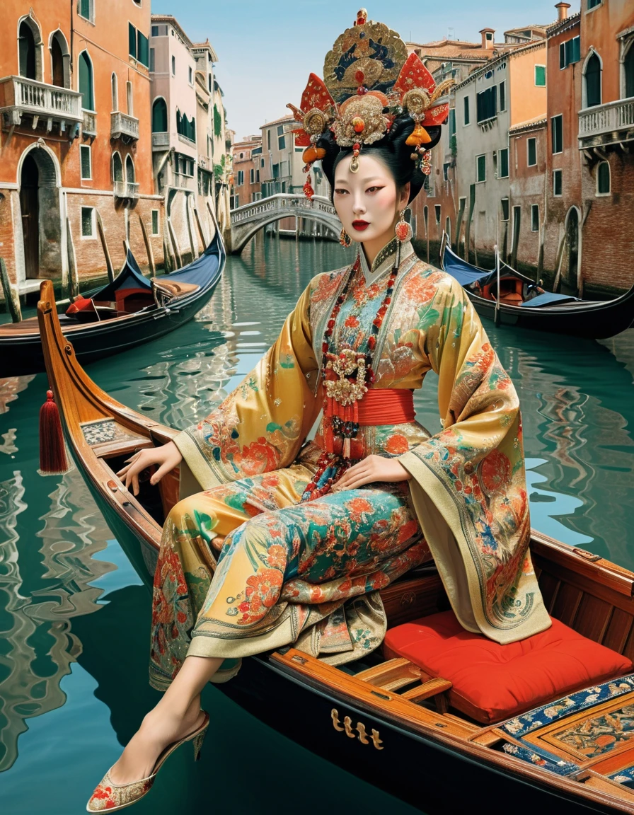 Kay Nielsen, Basil Gogos, Alberto Savinio, James Gurney, Surrealism, ((best quality)), ((masterpiece)), (detailed), a luxurious gondola gliding through Venice's canals, with the iconic Bridge of Sighs looming behind. An alluring Japanese with long legs grace the gondola runway, adorned in futuristic, Beautiful Japanese Yukata, holding a Samurai warrior sword in his left hand, sitting with legs stretched out in boat, Tang Dynasty-style headdress and jewelry adorn her. Each ensemble reflects Gucci’s daring approach to fashion, blending vintage elegance with modern innovation. pretty oil painting in the style of Leonor Fini