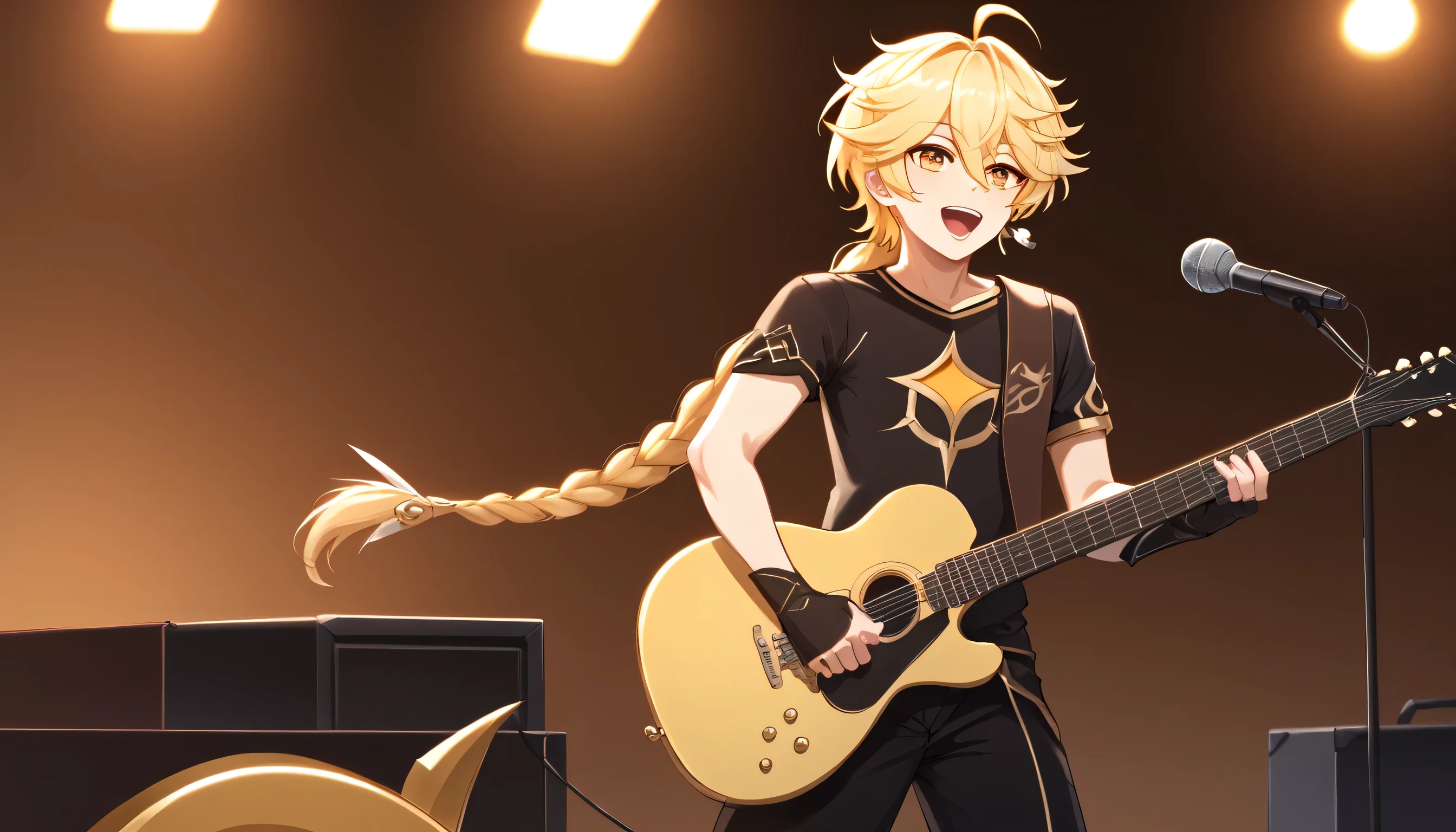 score_9, score_8_up, score_7_up, 1boy, solo, aether \(genshin impact\), male focus, solo, blonde hair, yellow eyes, ahoge, bangs, single braid, hair between eyes, cowboy shot, sing, singing, open mouth, mic, mic stand, guitar, playing a guitar, looking at viewers, casual outfit, t shirt, long pans, cowboy shot