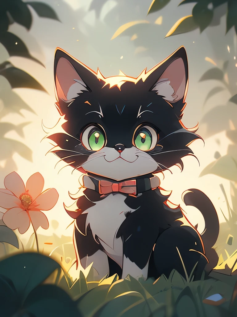 a black cat with glowing eyes sitting in the grass, cute detailed digital art, cute detailed artwork, cute digital art, 🌺 cgsociety, cute art style, adorable glowing creature, cute artwork, jen bartel, by Kubisi art, very very beautiful furry art, with glowing eyes, beeple and jeremiah ketner, cat from the void