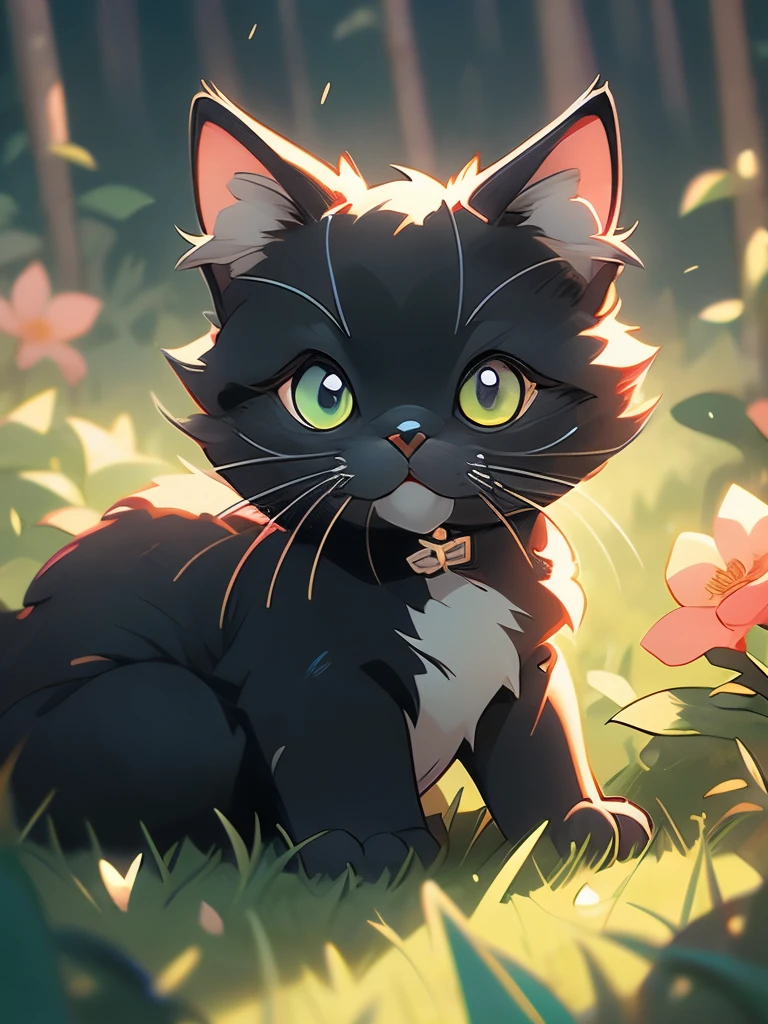 a black cat with glowing eyes sitting in the grass, cute detailed digital art, cute detailed artwork, cute digital art, 🌺 cgsociety, cute art style, adorable glowing creature, cute artwork, jen bartel, by Kubisi art, very very beautiful furry art, with glowing eyes, beeple and jeremiah ketner, cat from the void