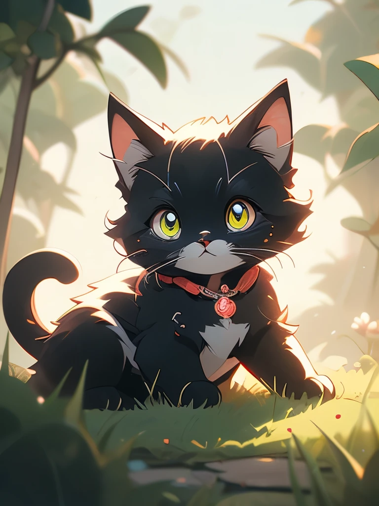 a black cat with glowing eyes sitting in the grass, cute detailed digital art, cute detailed artwork, cute digital art, 🌺 cgsociety, cute art style, adorable glowing creature, cute artwork, jen bartel, by Kubisi art, very very beautiful furry art, with glowing eyes, beeple and jeremiah ketner, cat from the void