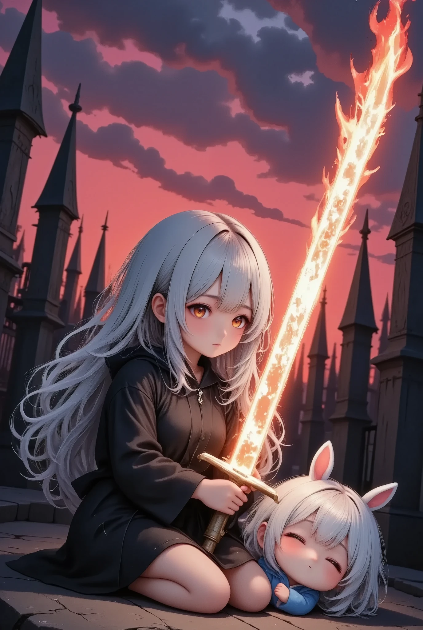 masterpiece, best quality, ultra-detailed, a vivid, high-contrast scene,1girl and mascot,
1girl\(silver-haired,dramatic black gothic dress,holding massive sword, dramatic shadows across her face and the ground, creating a striking visual effect\),
massive sword\(that glows with intense red and orange flames,with the fiery glow of the sword casting harsh,
Sword tsuba center Trademark trk illustration\),
mascot\(illustration,trk,at her feet,sleeping\),
background\(dark gothic cityscape,towering spires silhouetted against a vibrant red and purple sky,The bold colors of the sky and the glowing weapon contrast sharply with the deep blacks of her dress, filled with dynamic lighting,Her expression is fierce and determined, as if she’s ready to face a powerful enemy. The overall atmosphere is one of high tension and drama, with the intense colors and sharp contrasts giving the scene a sense of urgency and power\),Colors that blend well with the girl and the background