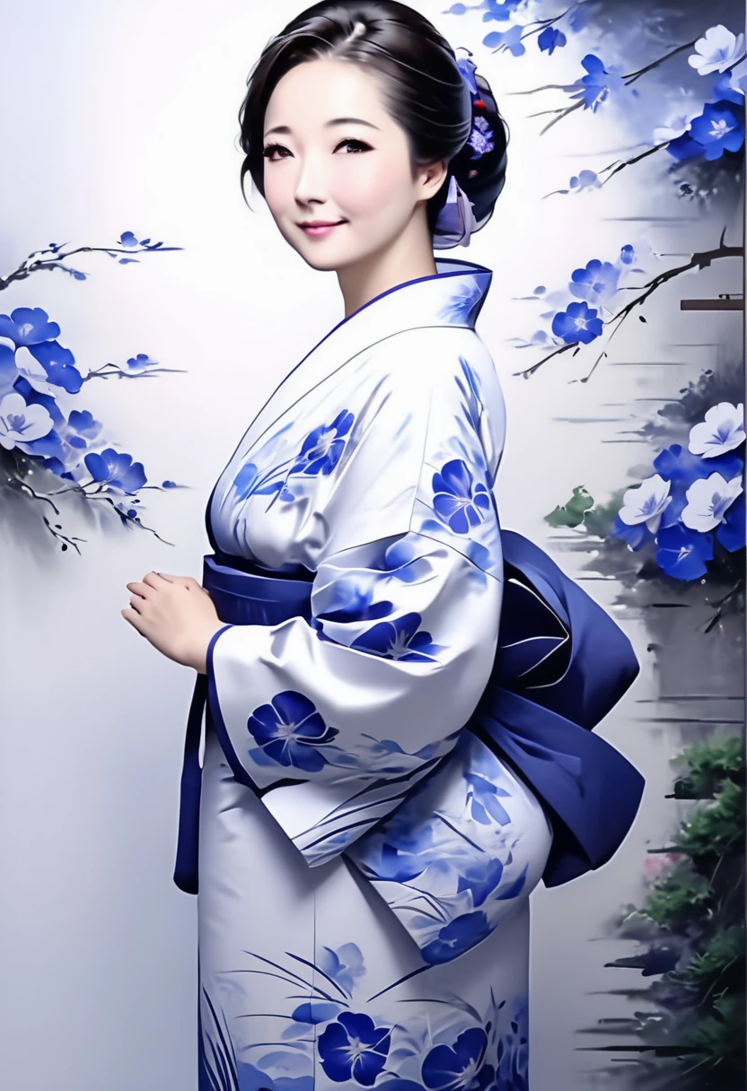 The theme is "Japanese Yukata", a mature woman wearing a yukata with blue morning glory flowers painted on the white fabric, a beautiful woman, the way she strokes her beautiful neckline with her own hand is sexy, she is looking back, she has a slightly lowered eyelid and is smiling, the upper body is drawn, the texture of the yukata is detailed, the background is dark and the portrait of the woman stands out, 8K quality