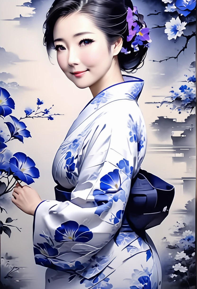 The theme is "Japanese Yukata", a mature woman wearing a yukata with blue morning glory flowers painted on the white fabric, a beautiful woman, the way she strokes her beautiful neckline with her own hand is sexy, she is looking back, she has a slightly lowered eyelid and is smiling, the upper body is drawn, the texture of the yukata is detailed, the background is dark and the portrait of the woman stands out, 8K quality