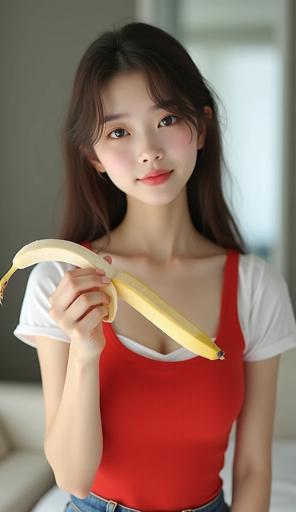 Create a Chinese woman with breasts with a banana in the middle of her breasts
