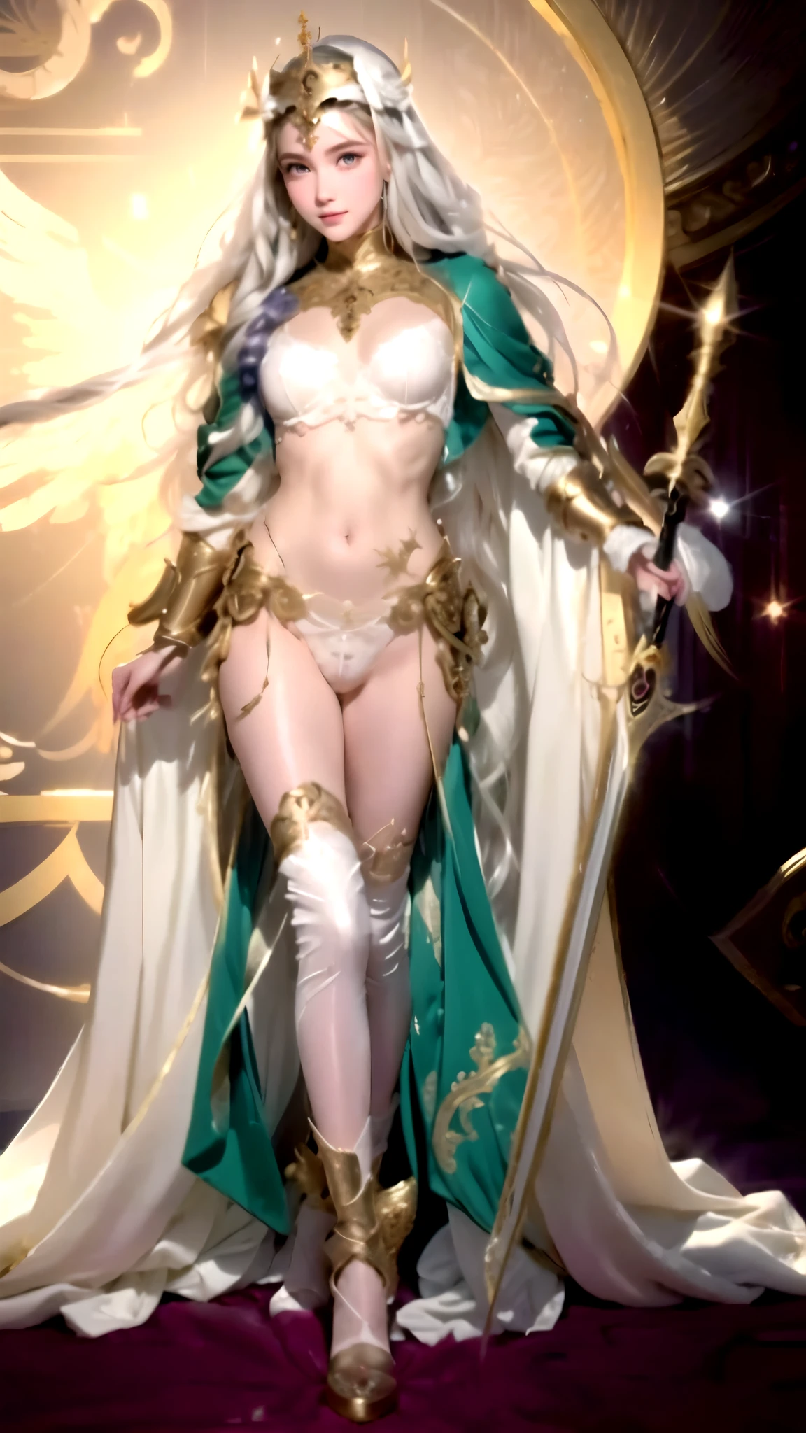 Uma mulher em um vestido branco segura uma espada e espada,  Zodiac Knight Girl , anime deusas, A deusa Hera parecia zangada, the deusas artemis smirking, Um manto branco esvoaçante, túnica de sacerdotisa branca e dourada, Zodiac Girl Knight Portrait, Greek Titan deusas Themis, greek deusas aphrodite, alta sacerdotisa, deusa. extremo detalhe alto, Big buttocks　White female　White underwear bite　White Lace Bra　Hips 1900cm　Super beautiful　Super beauty　de pele branca　japanes　Beautiful face　two people　Side by side　All white skin　Big buttocks　Ten timìîœes bigger buttocks　Butt sticking out pose　Ass super big　Huge ass　Both of them have white skin　The buttocks are beautiful and super big　Super Huge Ass　Both of them are super fair-skinned　Big big ass　Super Big Hips　Beautiful big ass　Her face is beautiful and cute　a smile　I'm smiling　Ultra Big Hips　Plump buttocks　Background White　Beautiful background　Super big ass　Two people side by side　big ass beauty　Butt whip whip, ([long hair hair]:1.8), (full body:1.8), (upper body up:0.3), (hyper realistic:1.4), (realistic:1.3), (best quality real texture skin), Detailed eyes, detailed face, PERSEPHONE, persephone, (SFW:1.5) Hyperrealistic, LESS saggy breasts, (SMALL BREASTS:1.5), (HUGE LEGS:1.5), (LESS THIGHS:1.5), pernas perfeitas, pernas perfeitas, pernas lisas, pernas lisas e perfeitas, pernas torneadas, coxas torneadas, pernas lisas, coxas lisas. (pose erótica:1.5), (sobrancelhas espessas:1.2), (Grandes olhos roxos:1.2), (olhos ultra detalhados:1.4), (Olhos de alta resolução:1.1), (textura de pele ultra detalhada:1.4), (Belo corpo tonificado:1.1), cameltoe