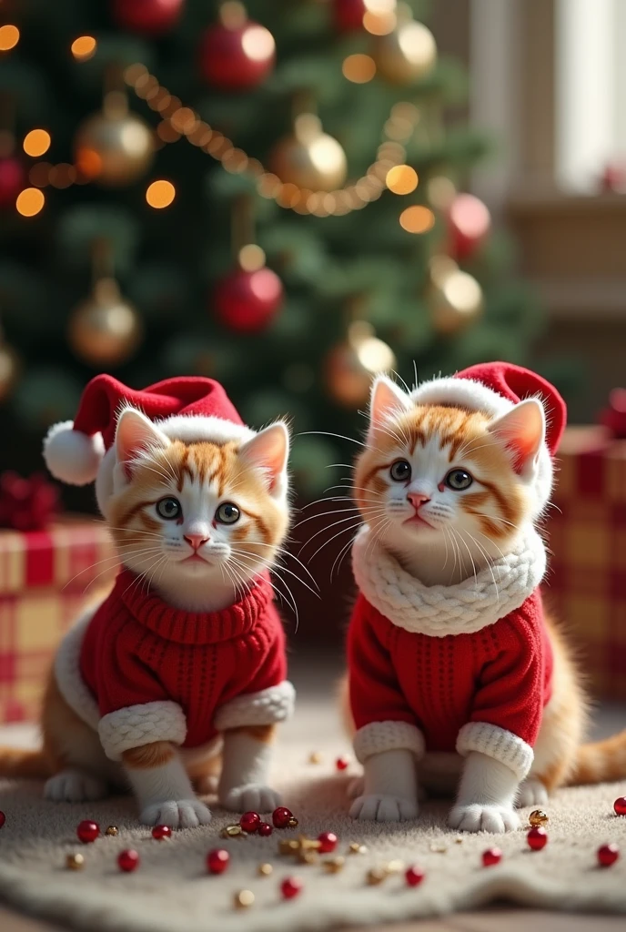 ((masterpiece, highest quality, Highest image quality, High resolution, photorealistic, Raw photo, Extremely detailed CG unified 8k wallpaper)), Kittens in sweaters, Santa hats on their heads, appealing to the camera, (large “Does Santa Claus exist?” at the top of the screen:1.2). and in the background, a Christmas tree decorated with ornaments and a box of presents,