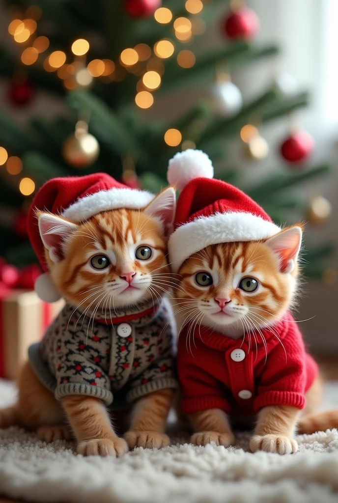 ((masterpiece, highest quality, Highest image quality, High resolution, photorealistic, Raw photo, Extremely detailed CG unified 8k wallpaper)), Kittens in sweaters, Santa hats on their heads, appealing to the camera, (large “Does Santa Claus exist?” at the top of the screen:1.4). and in the background, a Christmas tree decorated with ornaments and a box of presents,