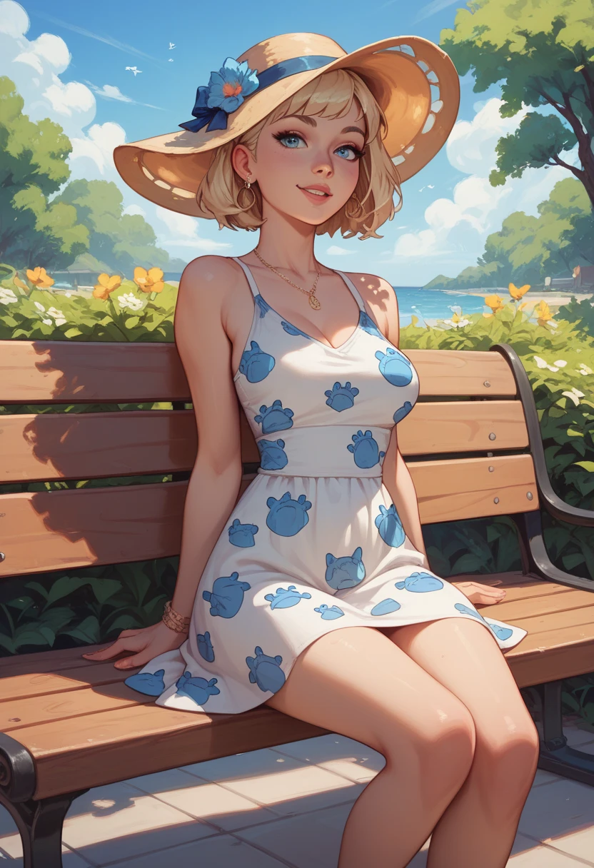 best quality, a woman sat in a bench , summer_dress, dogs printed in the dress
