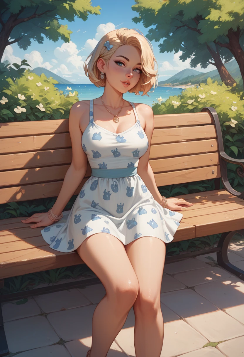 best quality, a woman sat in a bench , summer_dress, dogs printed in the dress
