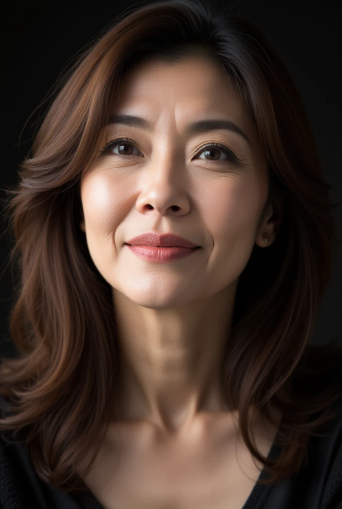 Mature Woman, ( Detailed description of the hair), (Detailed description of the face), (Detailed description of the body), high definition , masterpiece,  top quality ,  high detail, formal: 1.4), ( realistic : 1.2, 超 realistic な: 1.1,  realistic: 1.37), (Sharp focus: 1.4),  is written by,  looking up with moist eyes,  wavy hair , ,  unrivaled beauty , (Ultimate beauty), (lipstick:1.1), ( eyeliner :1.2), ( mascara), ( Eye Shadow ), (48 years old,: 1.4),(( Japanese:1.5))、 closeup 、 fine lines of laughter :1.2、((seductive smile)),(black and white photography:1.5)、dramatic composition