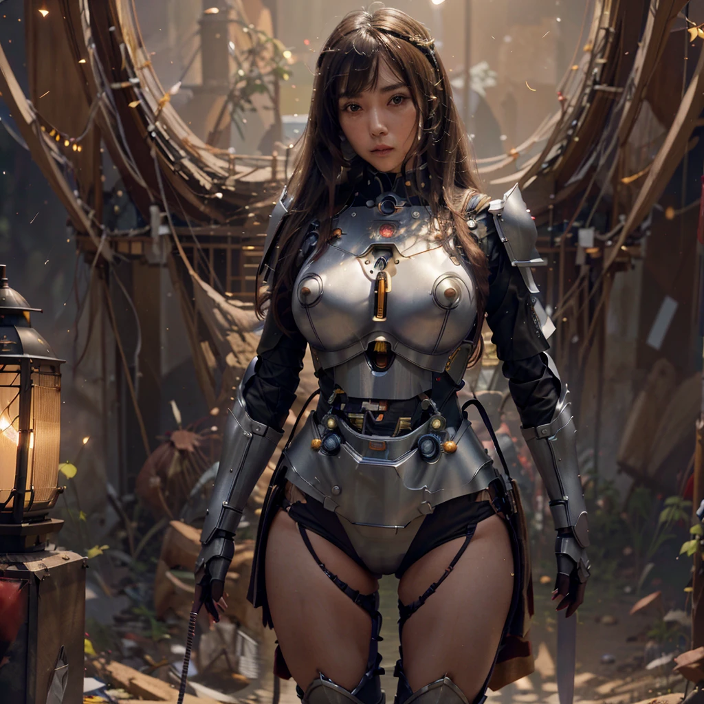 beautiful japanese woman, beautiful face, long brown hair, bangs hair, violet sexy bikini robot armor, there is a large lantern shining light on the armor. standing on mars, there are lots of wires and messes. the most detailed armor pieces. the most detailed description of the robot, details of the steel surface, details of the robot surface, details of the wires, the armor is made of steel, has holes, and has wires. the images are very detailed. the most detailed armor pieces. there are wires all over the place. detail of wires, the images are very detailed. 8K images. standing on mars, 8K images.