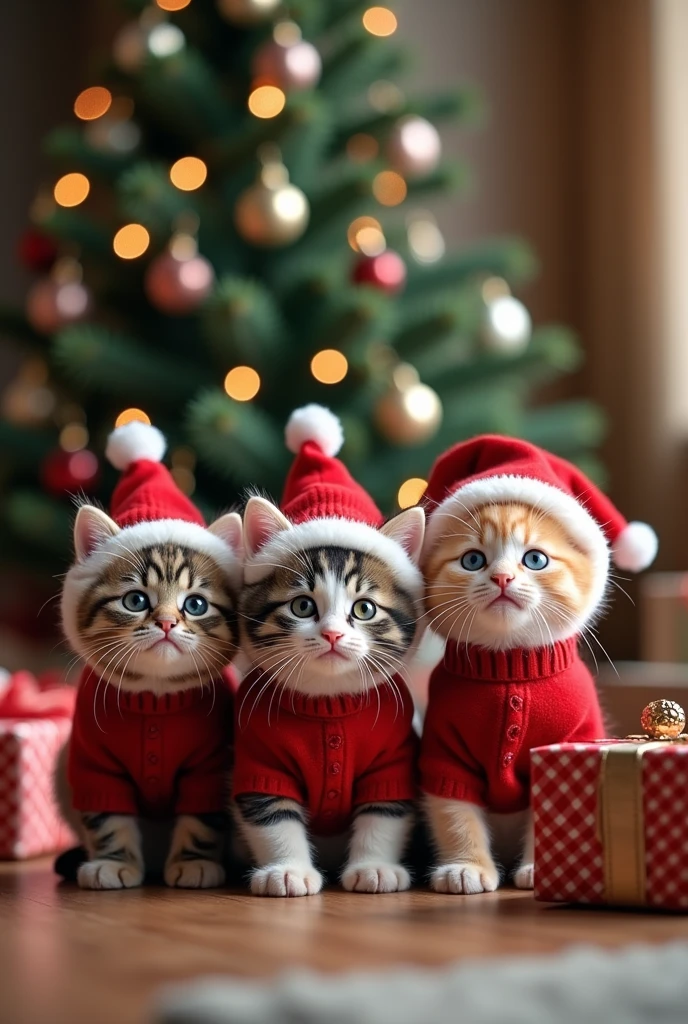 ((masterpiece, highest quality, Highest image quality, High resolution, photorealistic, Raw photo, Extremely detailed CG unified 8k wallpaper)), Kittens in sweaters, Santa hats on their heads, appealing to the camera, large “Does Santa Claus really exist?” at the top of the screen. and in the background, a Christmas tree decorated with ornaments and a box of presents,