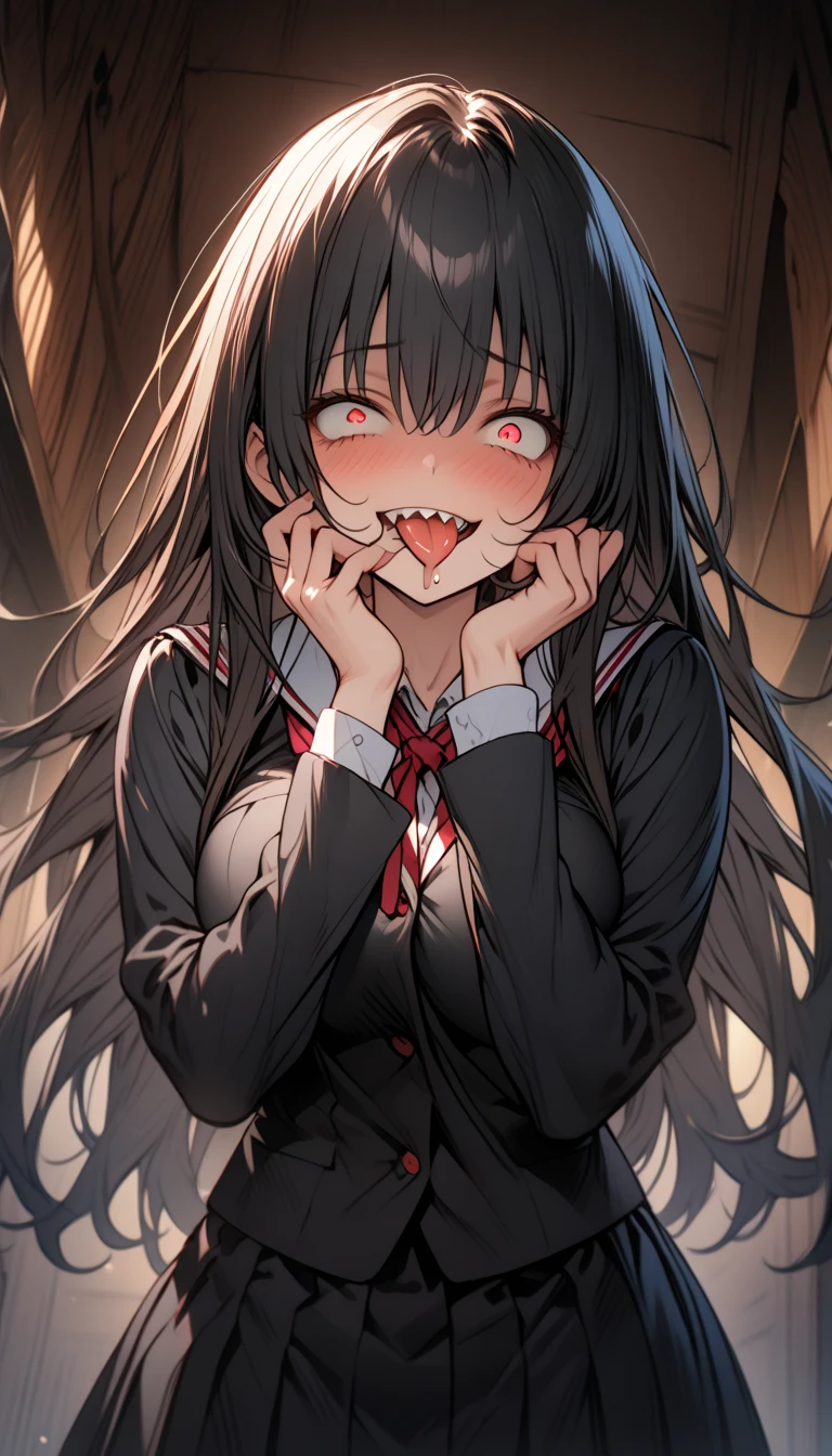 Masterpiece,best quality, (highly detailed CG illustration),very aesthetic,recent,detailed eyes,1 woman,matured female,(looking at viewer),glowing red eyes,black hair,straight long hair,(large breast:1.05),(black highschool uniform),half-closed eye,BREAK,red blush,(constricted pupils:1.35),(mad smile),(yandere smile),hands on her face,tongue out,standing,(5 hearts),(drooling:1.2),saliva,sharp teeth,night school,cowboy shot,from below