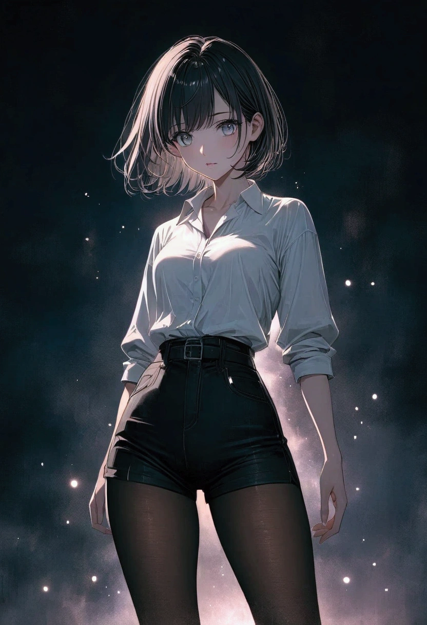 Girl. Anime style. 4k. 8k. Best quality. Black short hair. Grey eyes. Medium breasts. Curvy waist. Red Ribbon on her hair. Wearing a white button-down shirt, black shorts and long pantyhose. Background is night time.