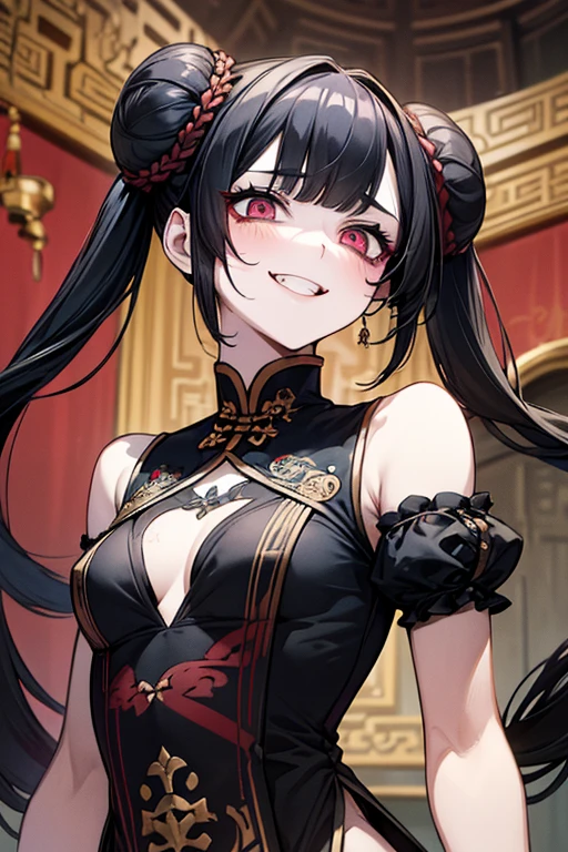 (1 chica anime) (personaje de genshin impatc),(Hu tao), cabello largo color cafe, ojos rojos brillantes,[pupila en forma de flor],utilizando un traje de conejita Playboy. {mirando al espectador sonrojada y con una leve sonrisa en la cama}

