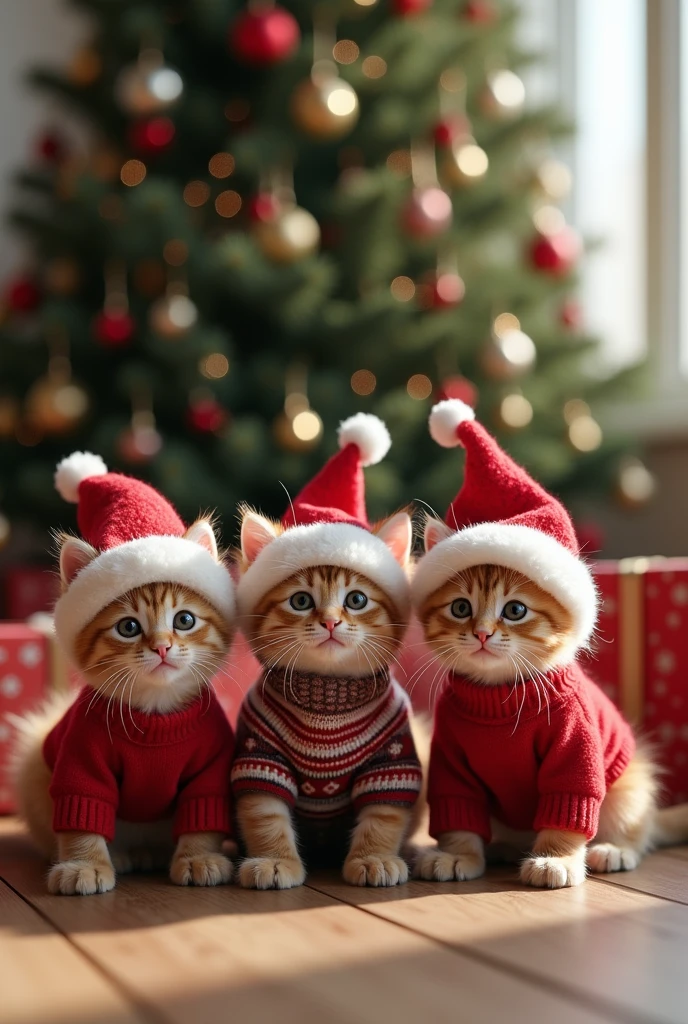 ((masterpiece, highest quality, Highest image quality, High resolution, photorealistic, Raw photo, Extremely detailed CG unified 8k wallpaper)), Kittens in sweaters, Santa hats on their heads, appealing to the camera, large “Does Santa Claus really exist?” at the top of the screen. and in the background, a Christmas tree decorated with ornaments and a box of presents,