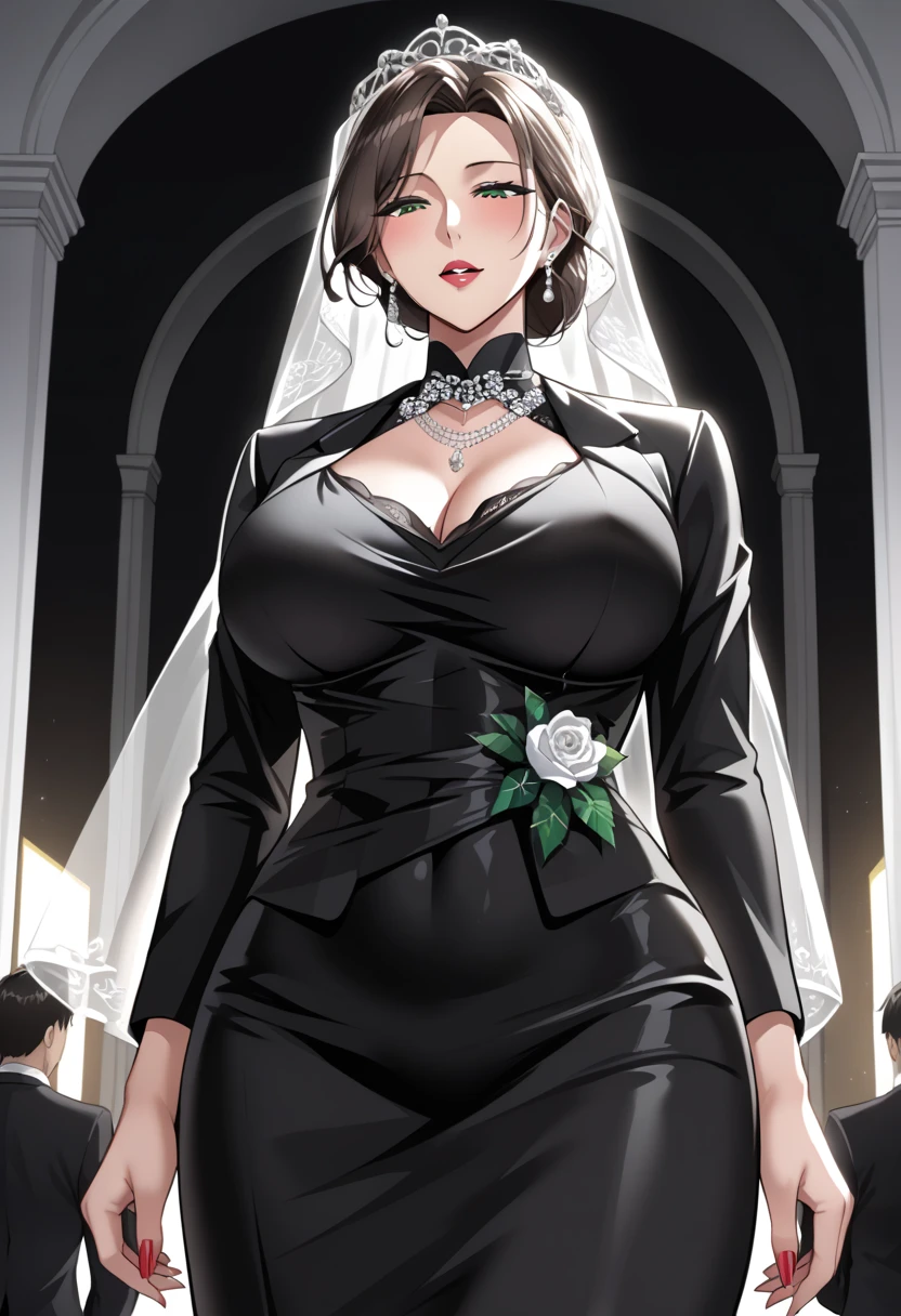 super high definition, 8k, score_9,Source_anime, formal, black dress, milf, looking down, funeral veil, curvy body, formal,