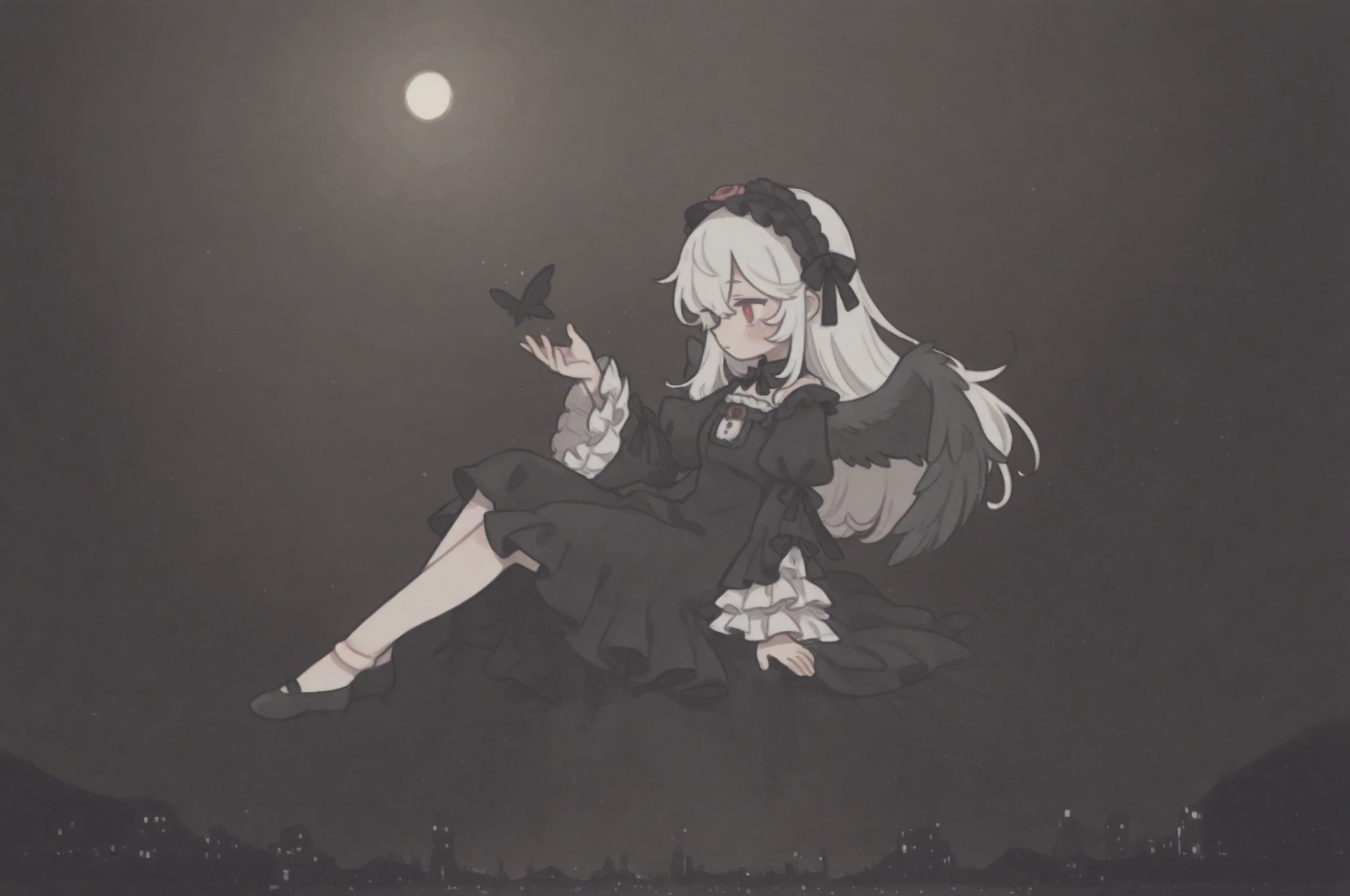 solo,1girl\(suigintou\(rosen maiden\),doll,small, (suigint0u:1.2), doll joints, white hair, long hair,black hairband, black wings,frills, black dress, detached collar, black ribbon, long sleeves, frilled sleeves, puffy sleeves,cute,full body,from side,lonely\).sitting at the roof.midnight,dark night. cityscape, landscape. anthro. BREAK .quality\(8k,wallpaper of extremely detailed CG unit, high resolution, top-quality, top-quality real texture skin, hyper realistic, increase the resolution, RAW photos, best quality, highly detailed, the wallpaper, golden ratio, high saturation realism, vibrant colors, dramatic lighting, persuasive storytelling, atmospheric scenery, captivating visuals, intricate details, strong emotions, dreamlike world\).dynamic angle