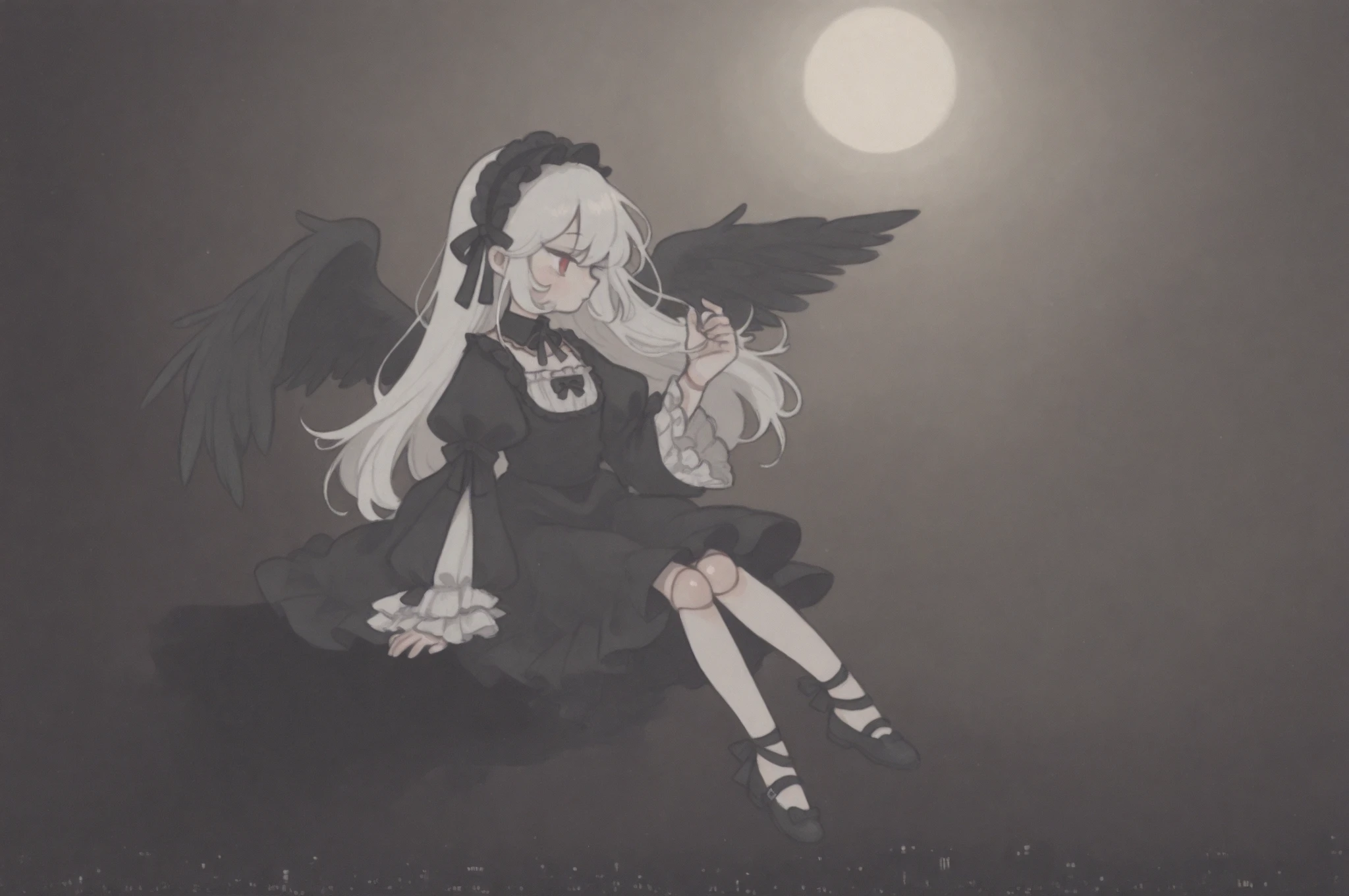 solo,1girl\(suigintou\(rosen maiden\),doll,small, (suigint0u:1.2), doll joints, white hair, long hair,black hairband, black wings,frills, black dress, detached collar, black ribbon, long sleeves, frilled sleeves, puffy sleeves,cute,full body,from side,lonely\).sitting at the roof.midnight,dark night. cityscape, landscape. anthro. BREAK .quality\(8k,wallpaper of extremely detailed CG unit, high resolution, top-quality, top-quality real texture skin, hyper realistic, increase the resolution, RAW photos, best quality, highly detailed, the wallpaper, golden ratio, high saturation realism, vibrant colors, dramatic lighting, persuasive storytelling, atmospheric scenery, captivating visuals, intricate details, strong emotions, dreamlike world\).dynamic angle