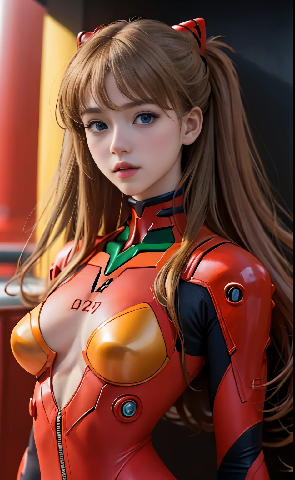 (masterpiece:1.4、 top quality )、( Intricate Details)、Unity8k Wallpapers、 ultra-detailed 、beautiful and mysterious 、 detailed background、 realistic 、solo、 perfect detailed face 、 with fine blue eyes、 very detailed、blush、Hair ornaments、 chignon mahogany hair、(Blonde)、Plugsuit 02, Shikinami Asuka Langley、 Evangelion 、 stares at the camera、 facing the front、cute、full body suits、 black background、 Big Breasts