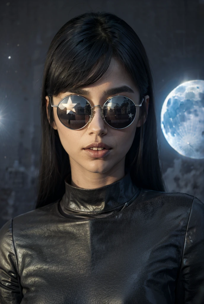 The model is wearing glass sunglasses with stars and the moon on the glass