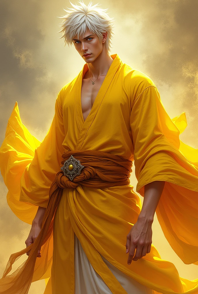 create a male version of these traits are very beautiful beings, has very fair skin, long and slender arms, has long hair that moves like smoke on his head, the eyes are big and black, a thin and very prominent body, They have a very strong aura and you can feel that they are very powerful., Their clothes are golden in tone and in a strange way it seems that they dance on their bodies, the clothing covers your entire body in a kind of tunic