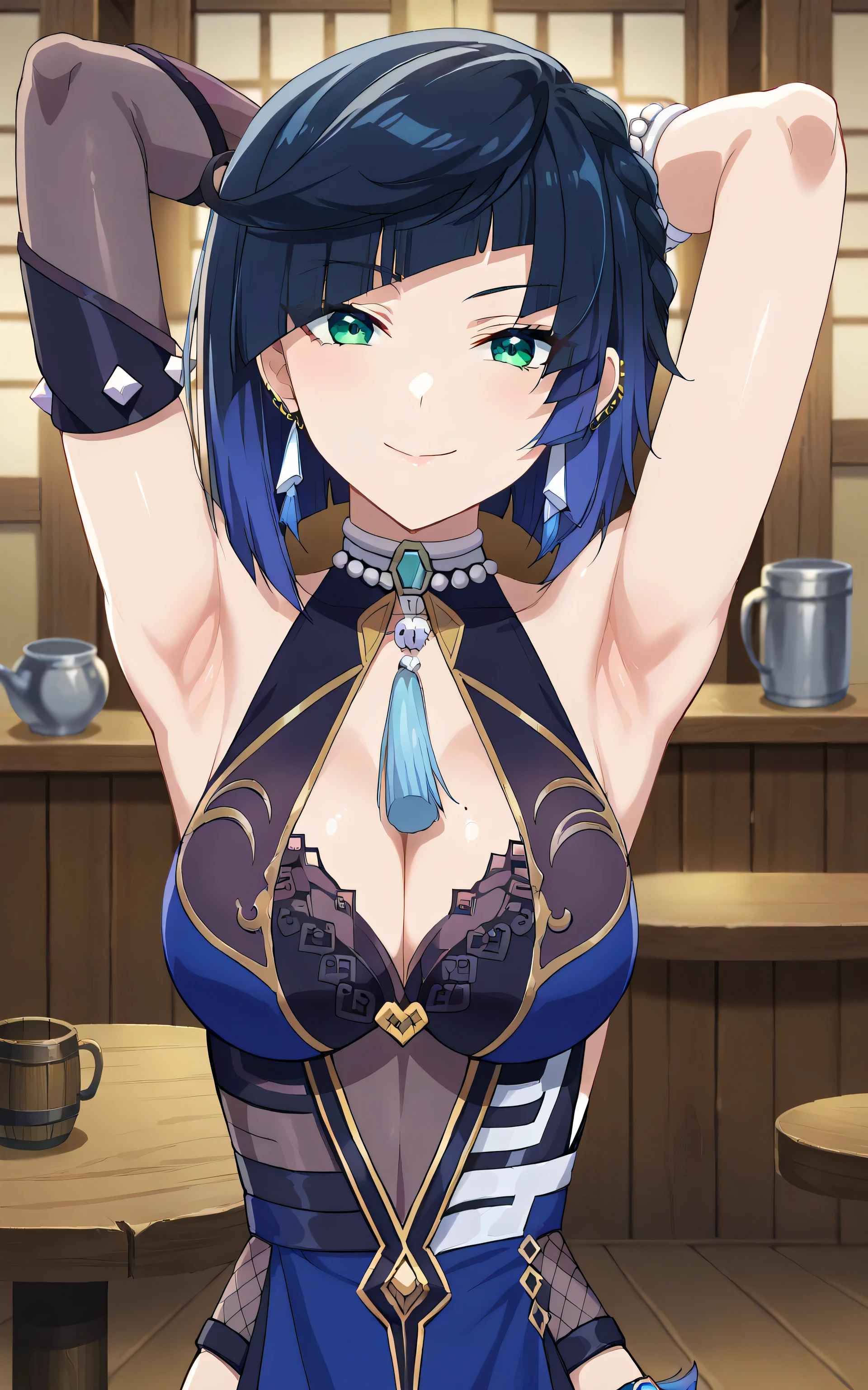 score_9, score_8_up, score_7_up, source_anime, anime screencap, 1girl, solo, yelan, black hair, blue hair, eyebrows hidden by hair, green eyes, multicolored hair, short hair, bare shoulders, black gloves, chinese clothes, cleavage, elbow gloves, jewelry, necklace, arms behind head, armpits, looking at viewer, head towards viewer, (smile:1.1), closed mouth, badhandv4, indoors, tavern, curious