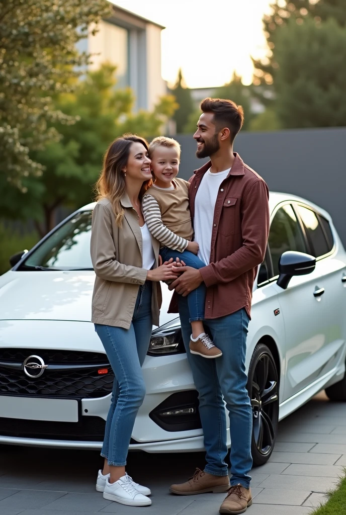 a man with a son, woman car and motorcycle