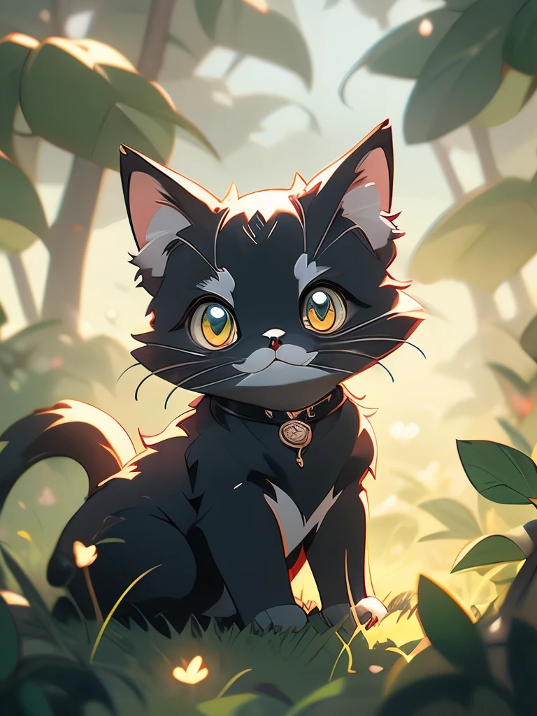 a black cat with glowing eyes sitting in the grass, cute detailed digital art, cute detailed artwork, cute digital art, 🌺 cgsociety, cute art style, adorable glowing creature, cute artwork, jen bartel, by Kubisi art, very very beautiful furry art, with glowing eyes, beeple and jeremiah ketner, cat from the void